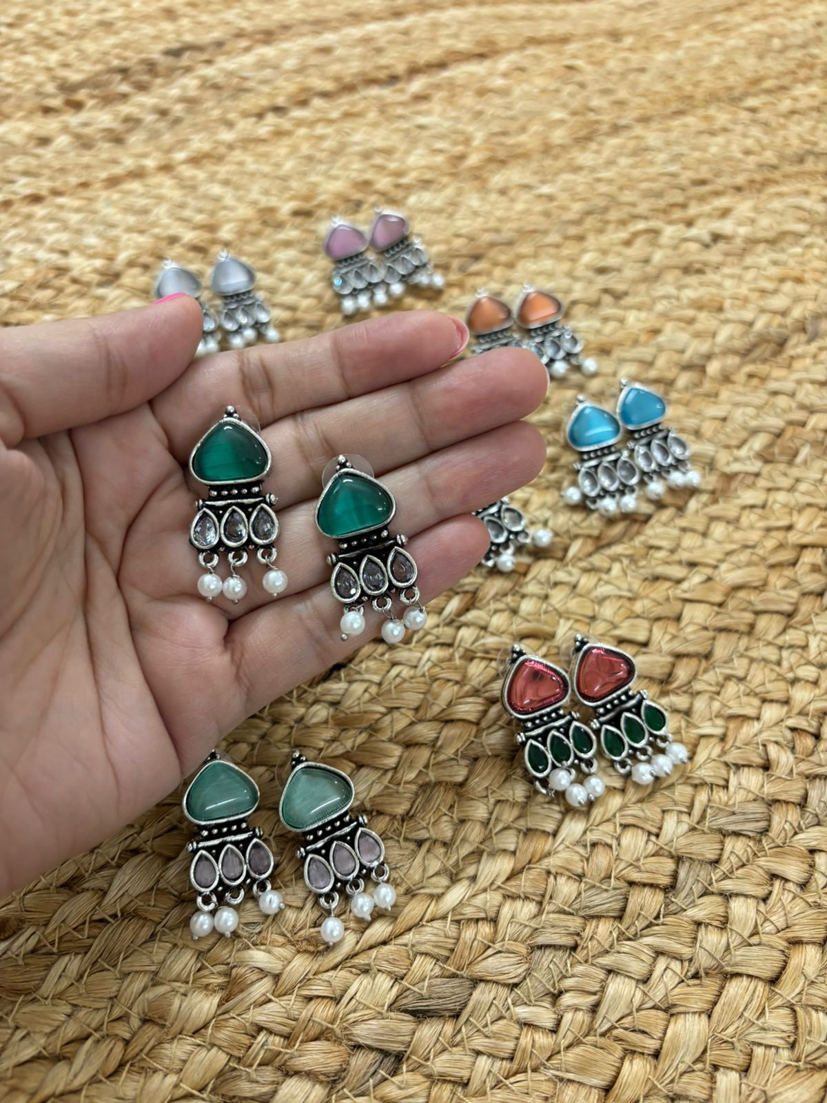 Metallic Silver Oxidised Earrings With Stone Settings - Green