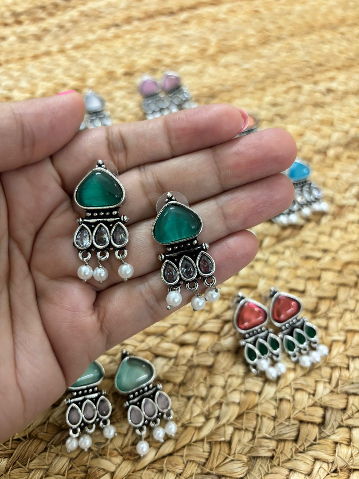 Metallic Silver Oxidised Earrings With Stone Settings - Green