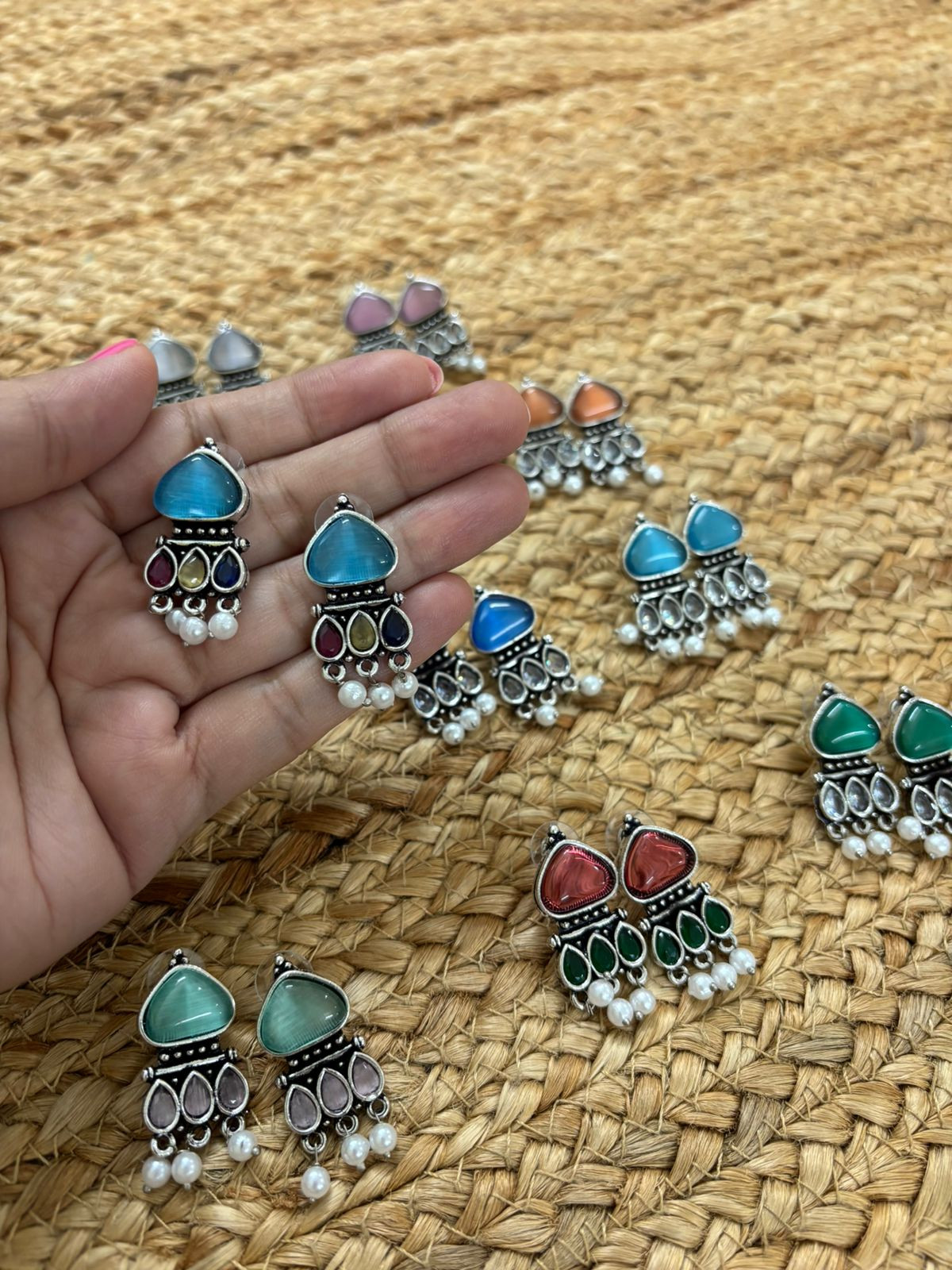 Metallic Silver Oxidised Earrings With Stone Settings - Seablue-Multicolour