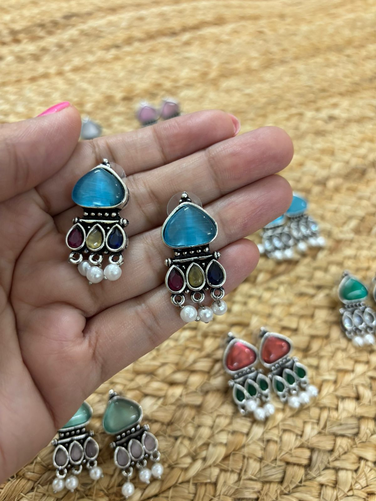 Metallic Silver Oxidised Earrings With Stone Settings - Seablue-Multicolour