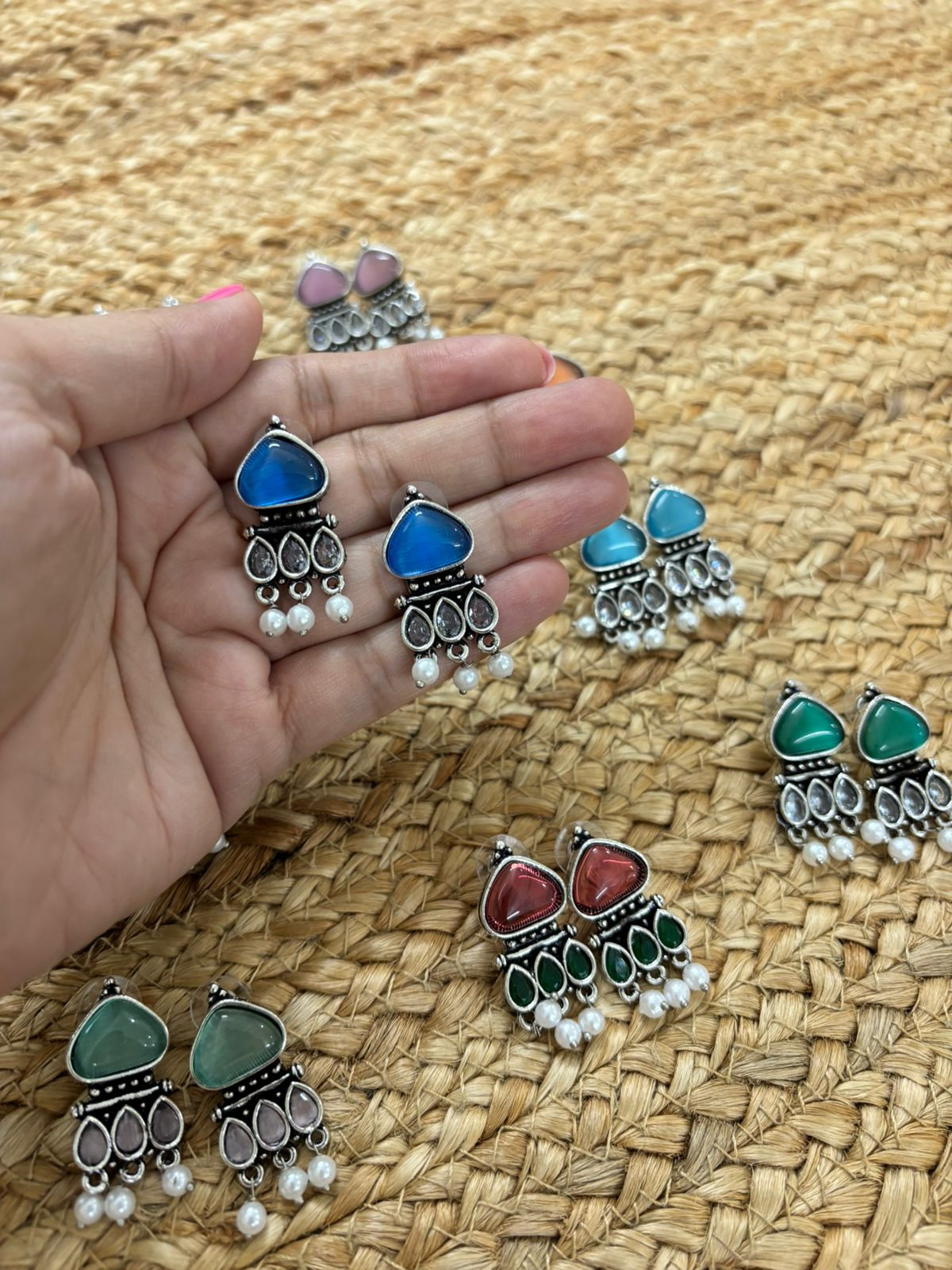 Metallic Silver Oxidised Earrings With Stone Settings - Blue