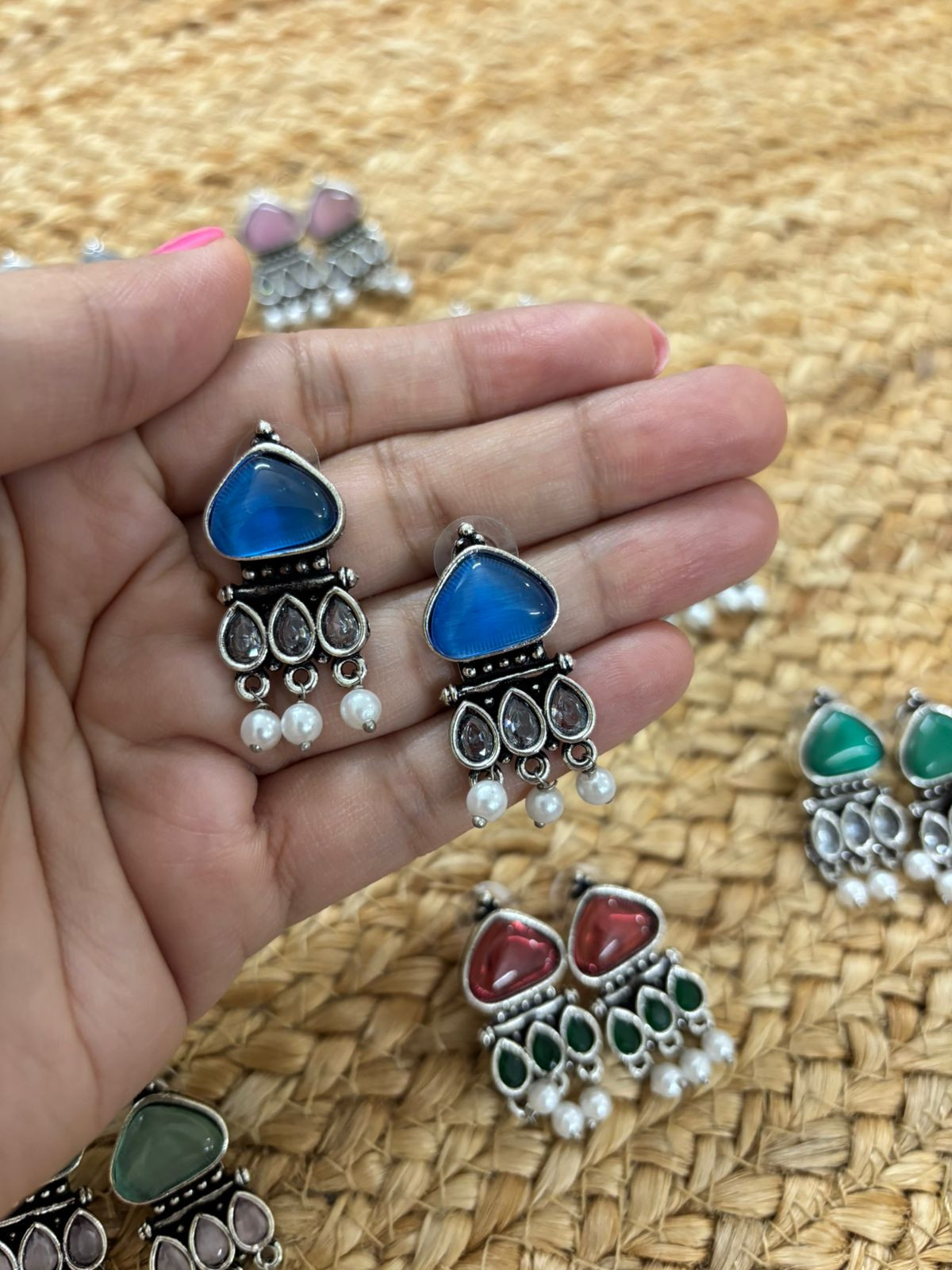 Metallic Silver Oxidised Earrings With Stone Settings - Blue