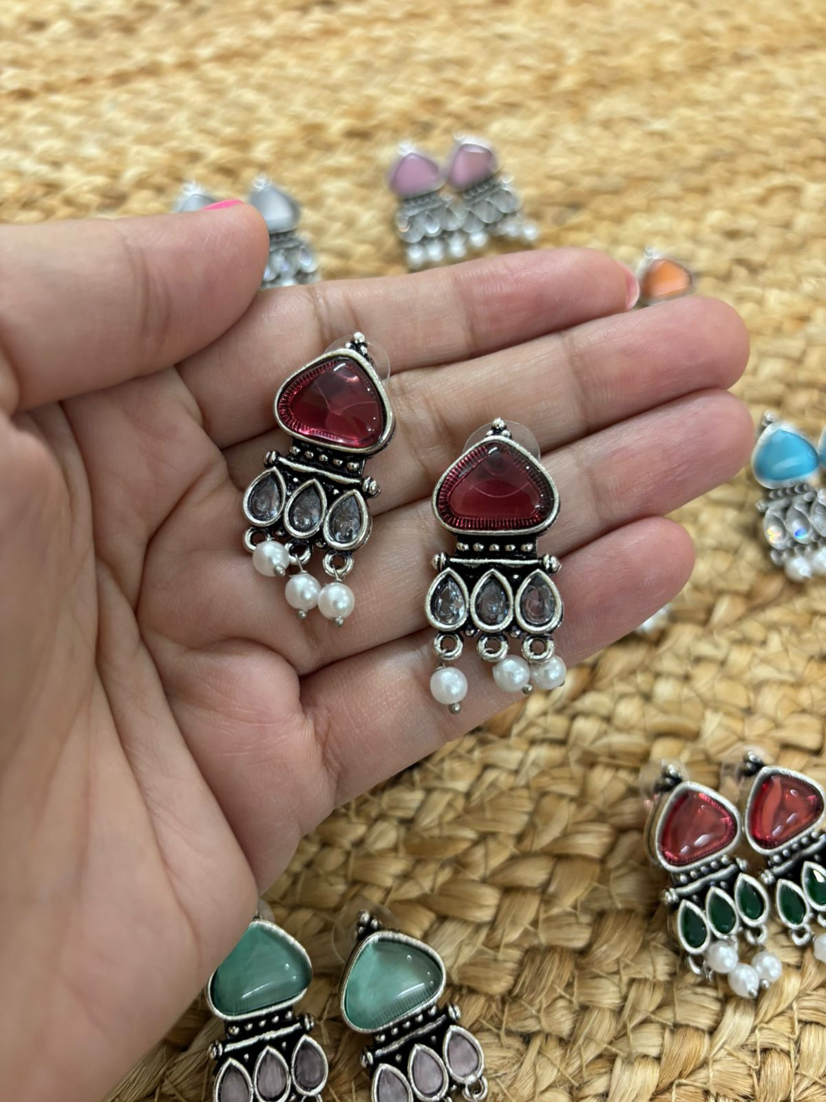 Metallic Silver Oxidised Earrings With Stone Settings - Rust