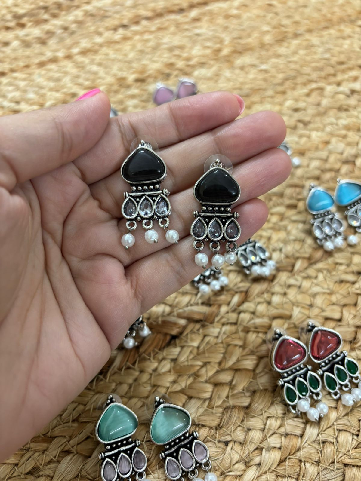 Metallic Silver Oxidised Earrings With Stone Settings - Black