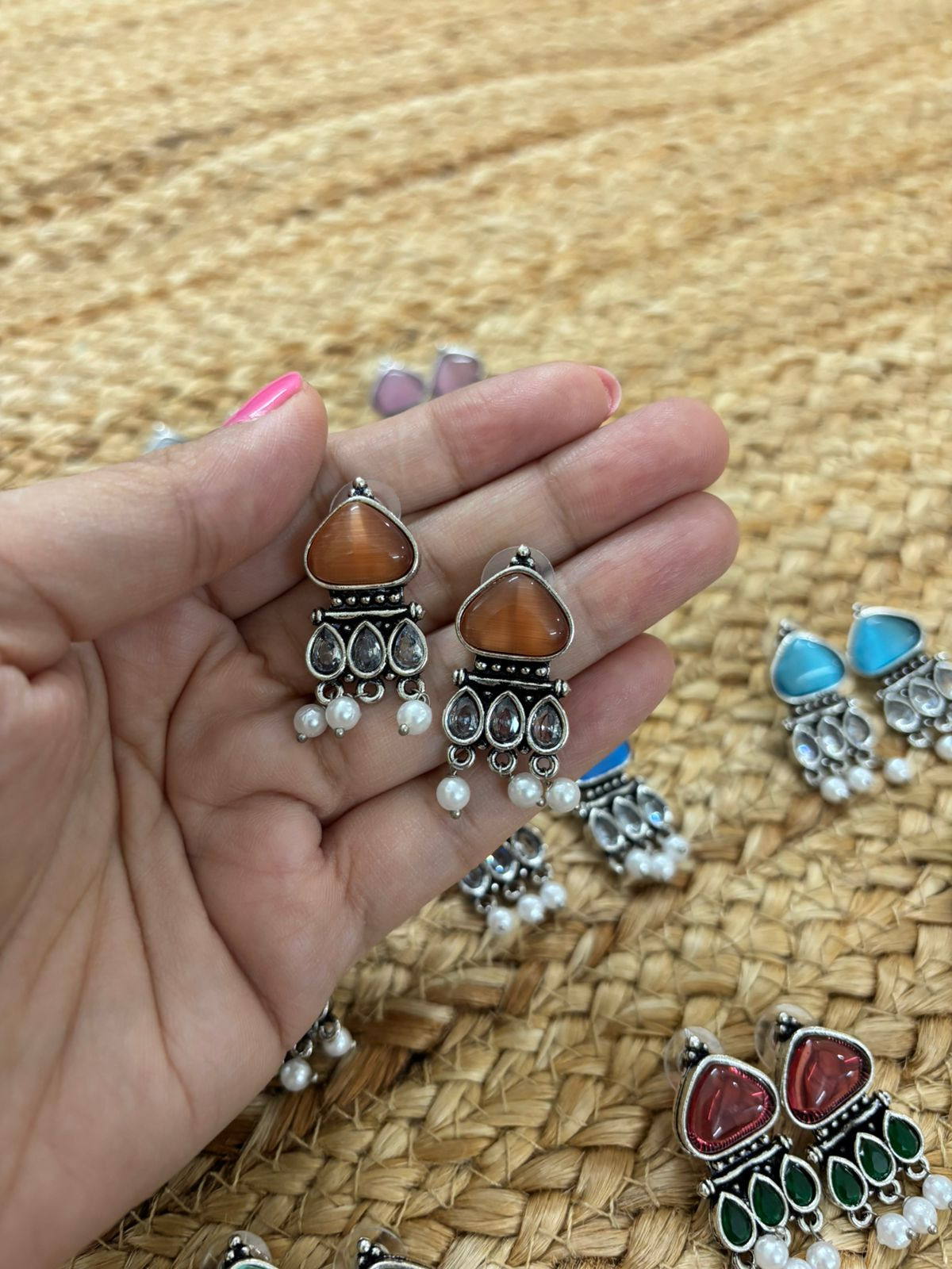 Metallic Silver Oxidised Earrings With Stone Settings - Brown
