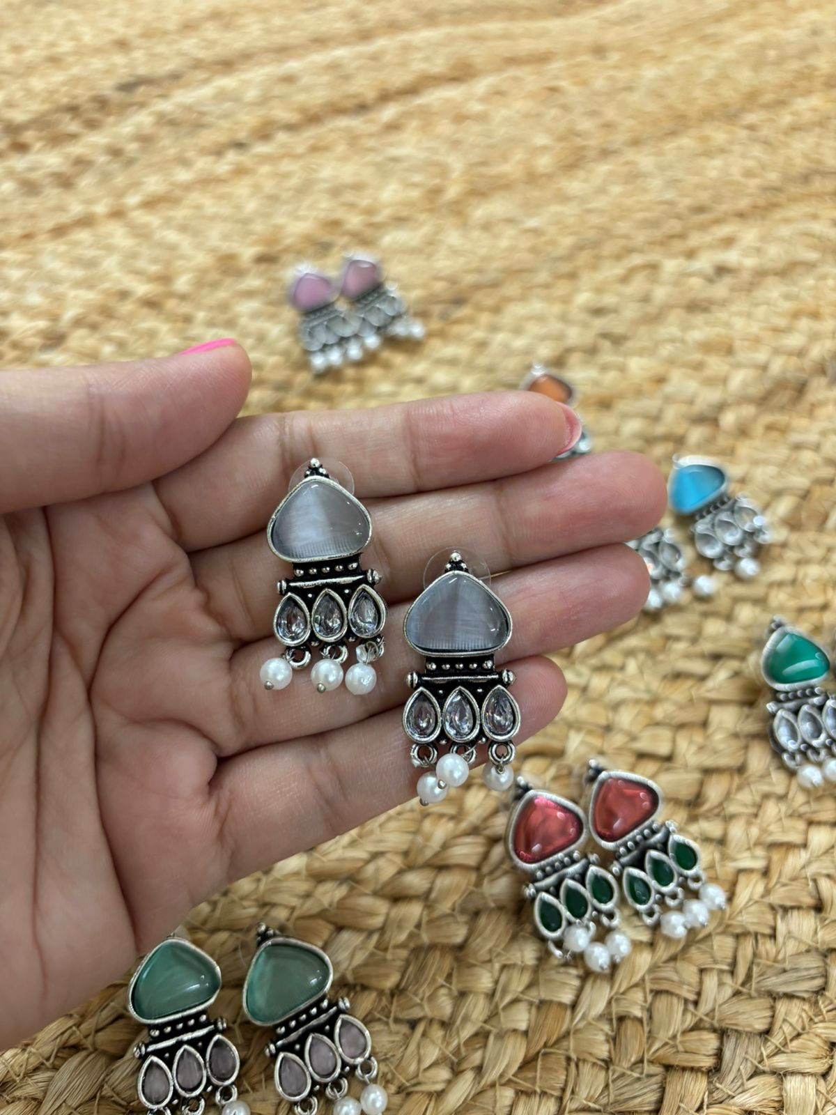 Metallic Silver Oxidised Earrings With Stone Settings - White