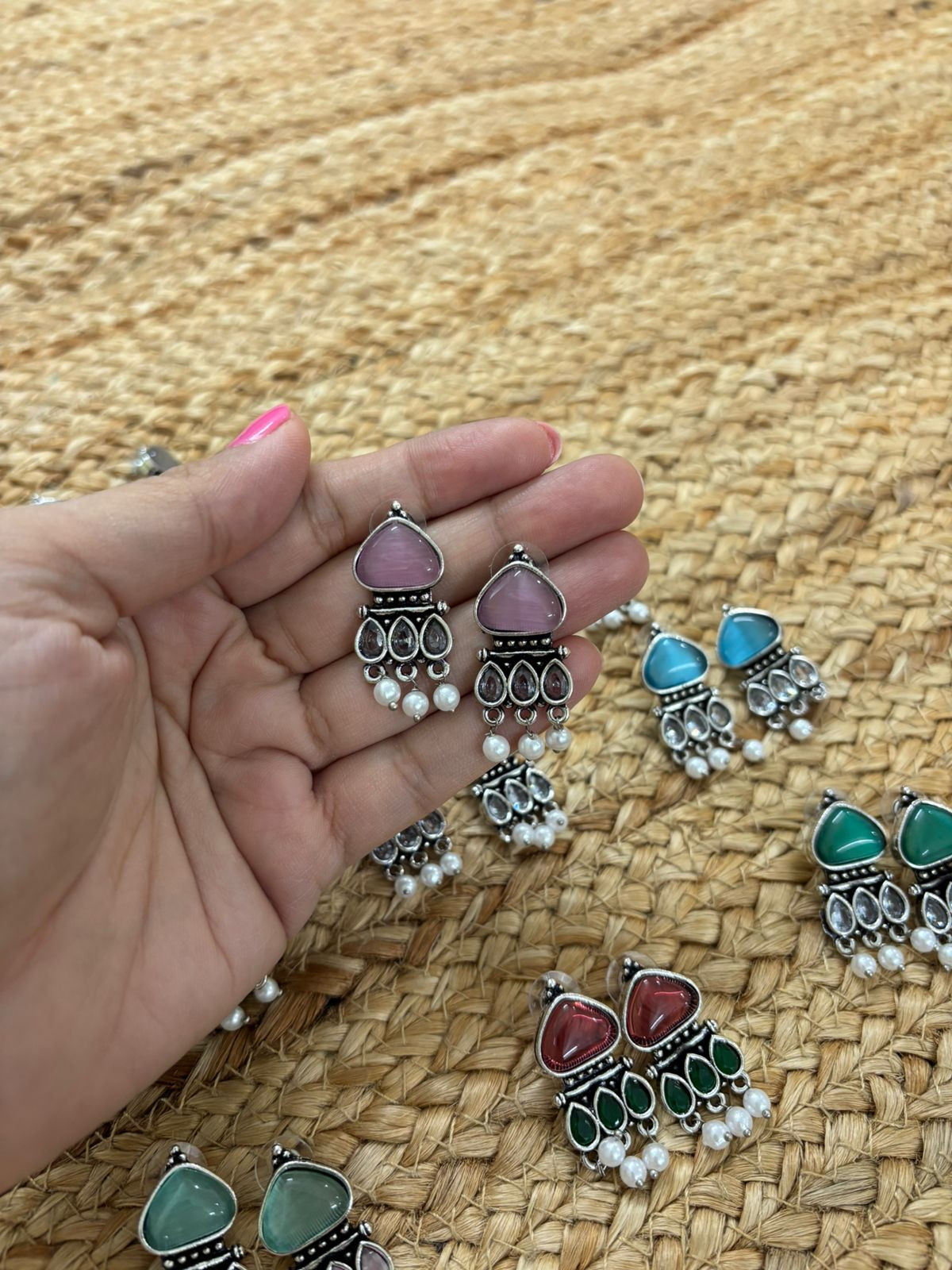 Metallic Silver Oxidised Earrings With Stone Settings - Pink