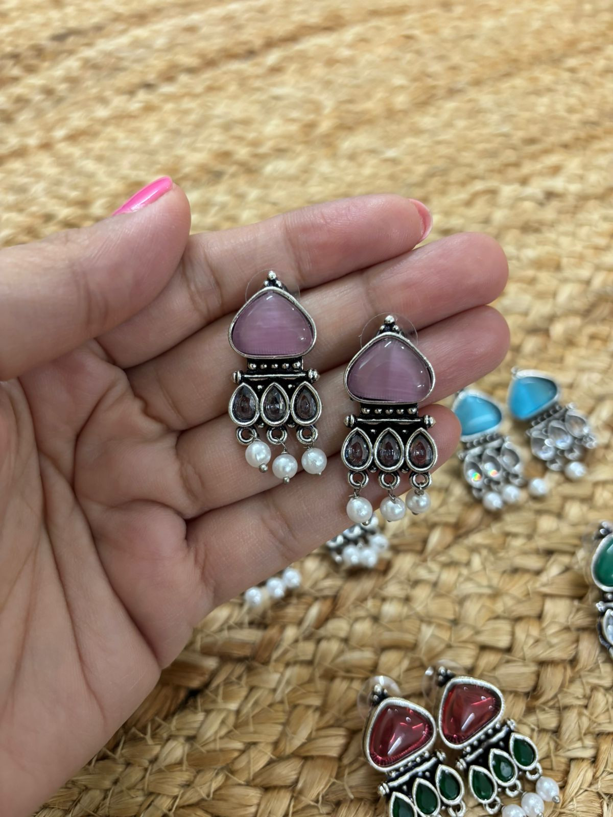 Metallic Silver Oxidised Earrings With Stone Settings - Pink