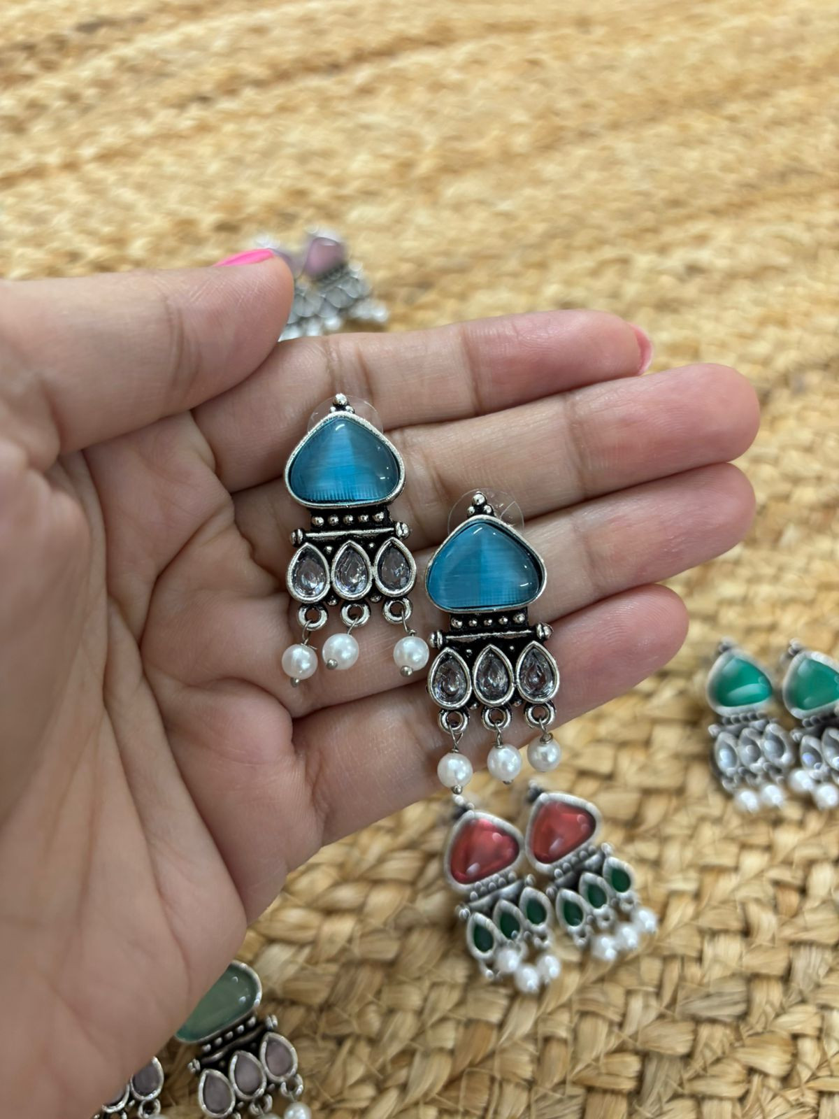 Metallic Silver Oxidised Earrings With Stone Settings - Seablue