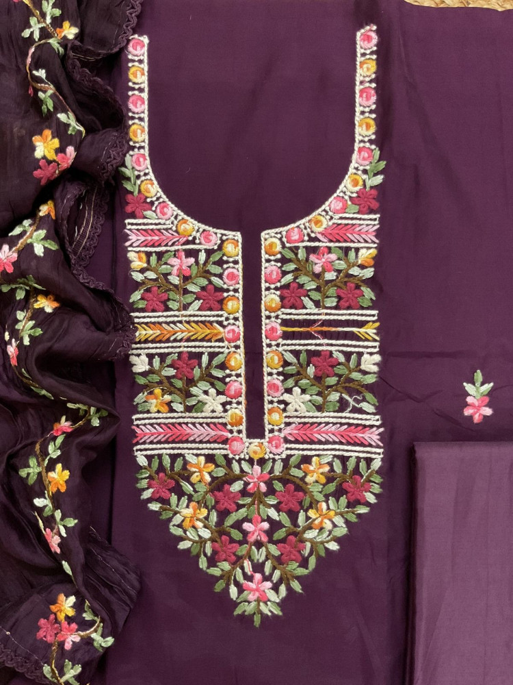 Image of Soft Muslin Embroidered Suit - Peacock Purple