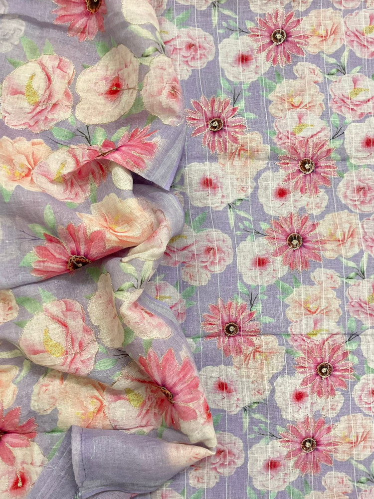 Image of Pure Linen Jute Cotton Printed Embroidered Self Weaved Suit - Lavender