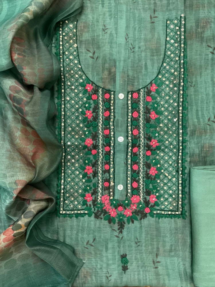 Image of Soft Kora Chanderi Printed Embroidered Suit - Green
