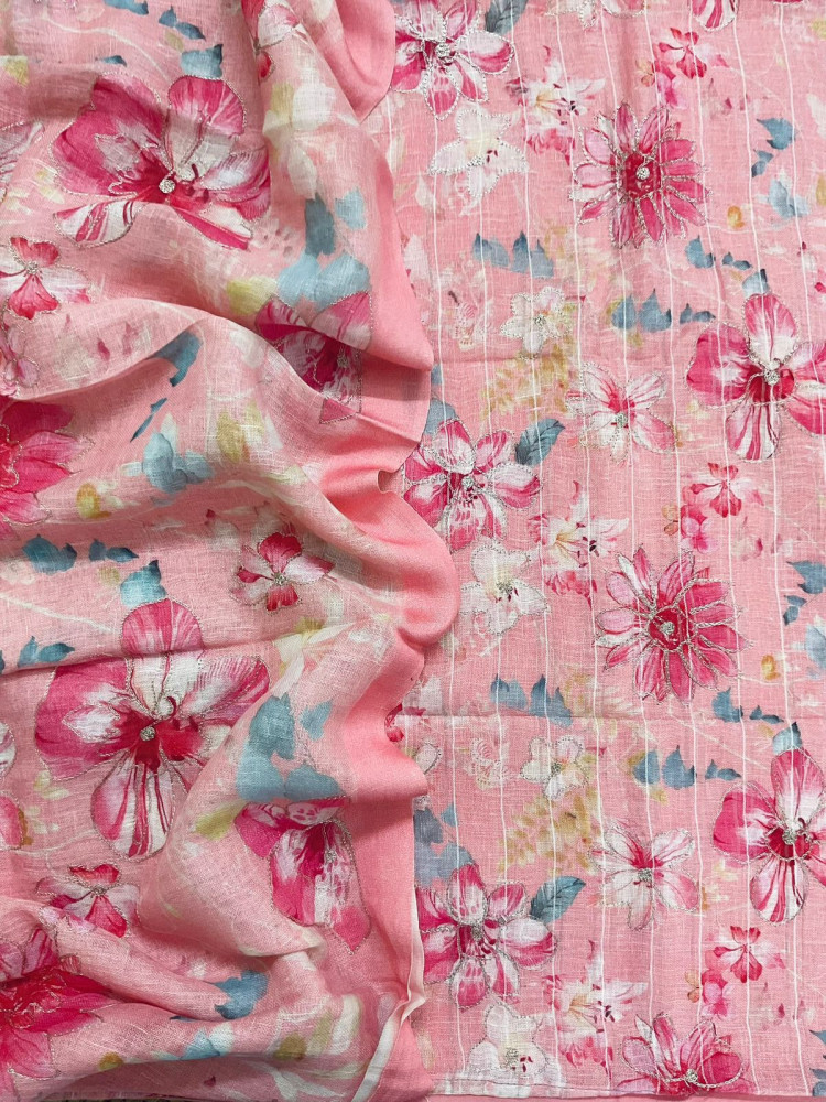 Image of Pure Linen Jute Cotton Printed Embroidered Self Weaved Suit - Pink