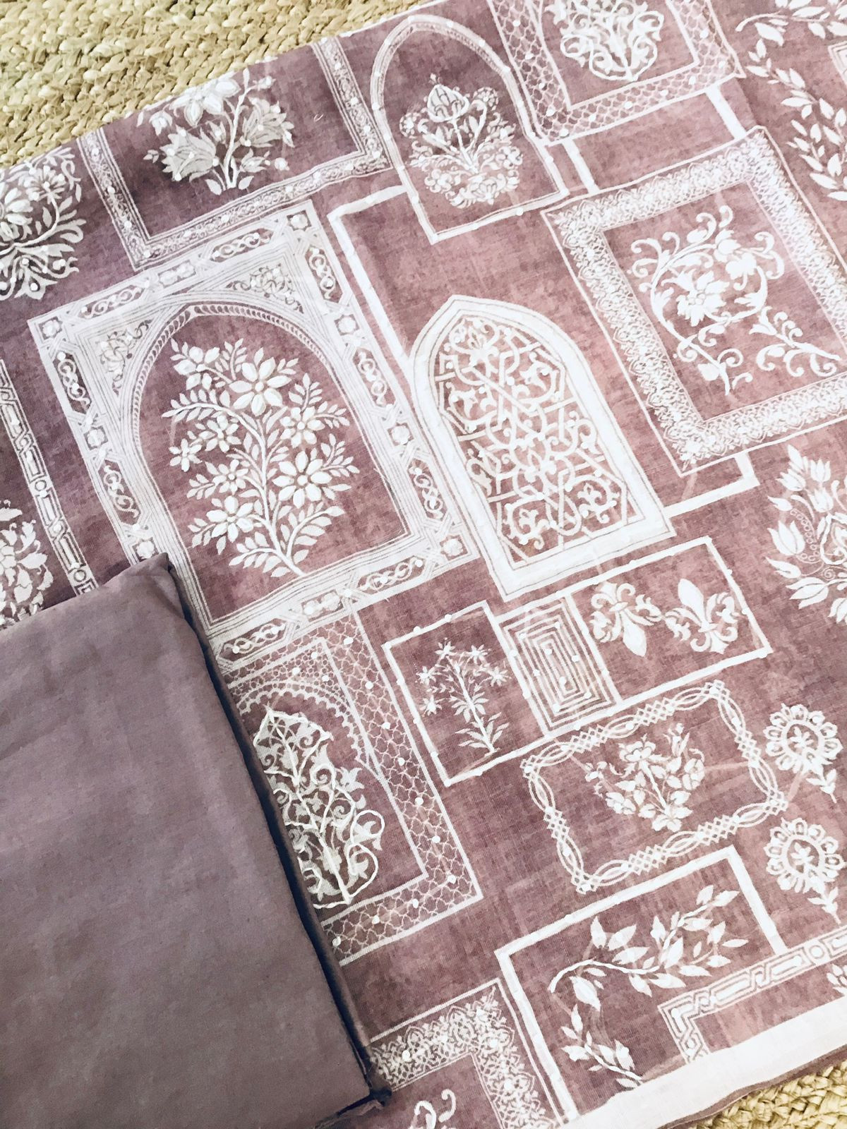 Soft Linen Jute Cotton Printed Embroidered Suit - Onion Pink