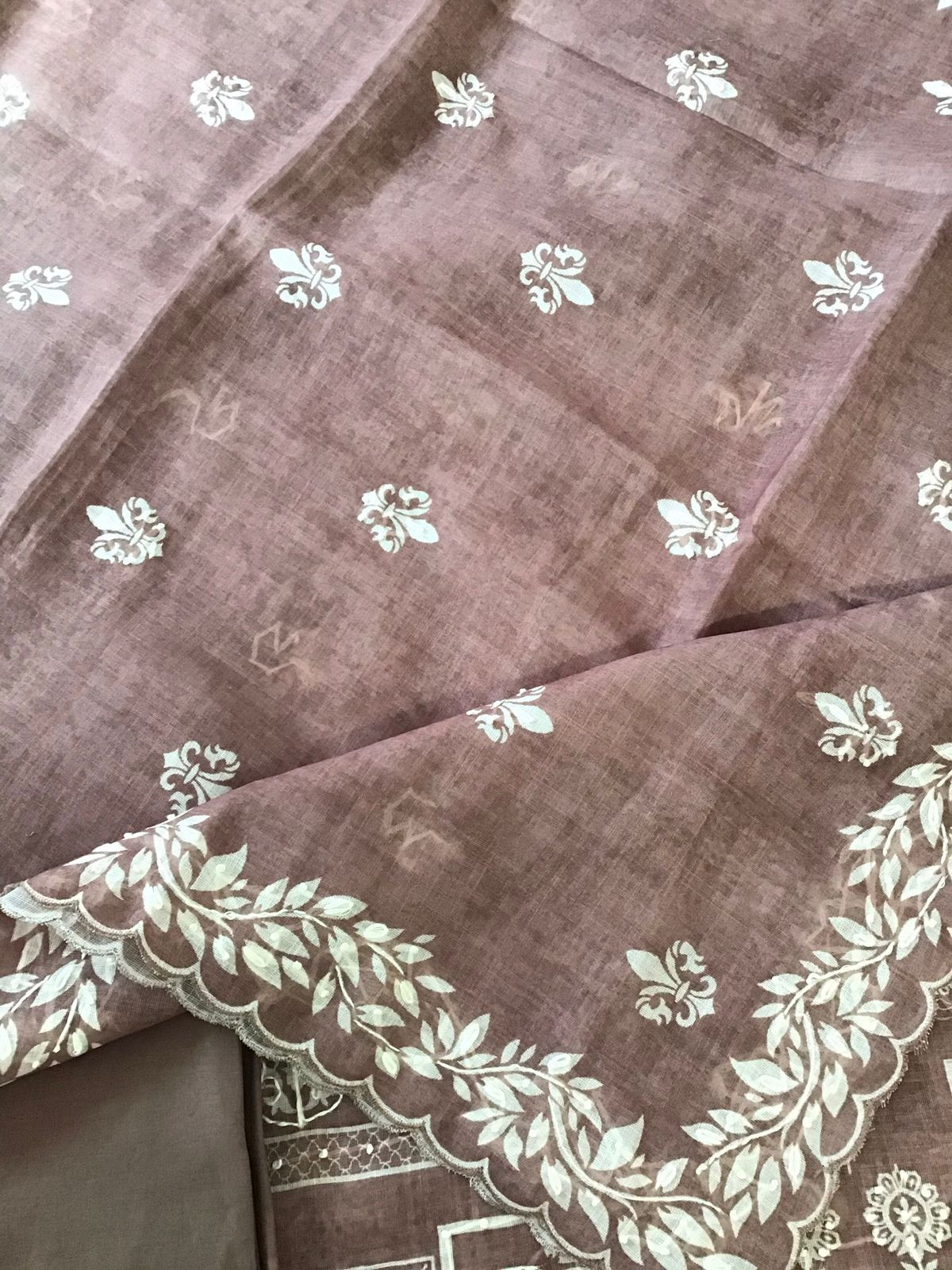 Soft Linen Jute Cotton Printed Embroidered Suit - Onion Pink