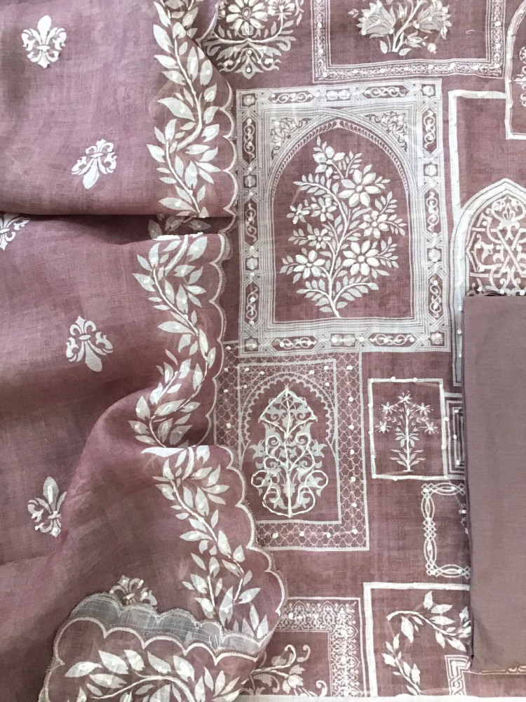Image of Soft Linen Jute Cotton Printed Embroidered Suit - Onion Pink