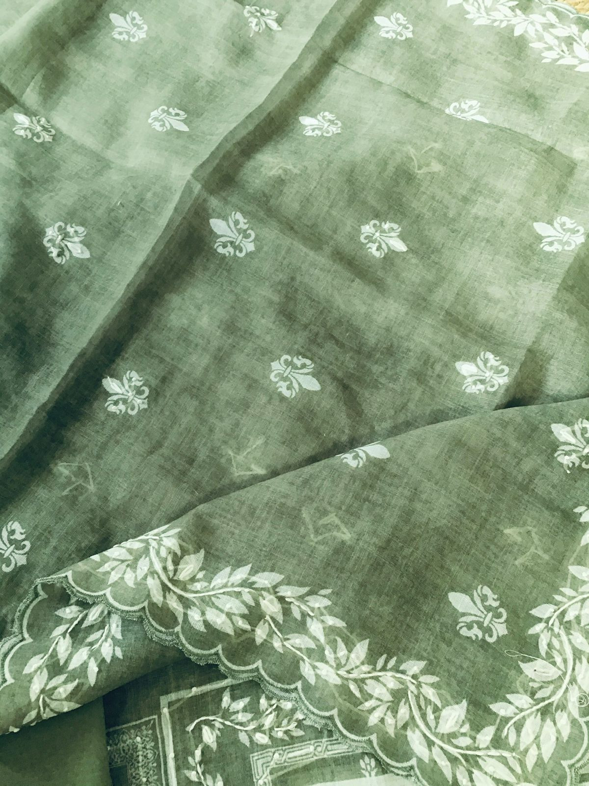 Soft Linen Jute Cotton Printed Embroidered Suit - Green