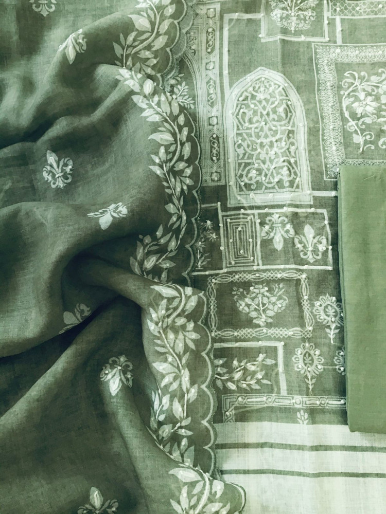 Image of Soft Linen Jute Cotton Printed Embroidered Suit - Green
