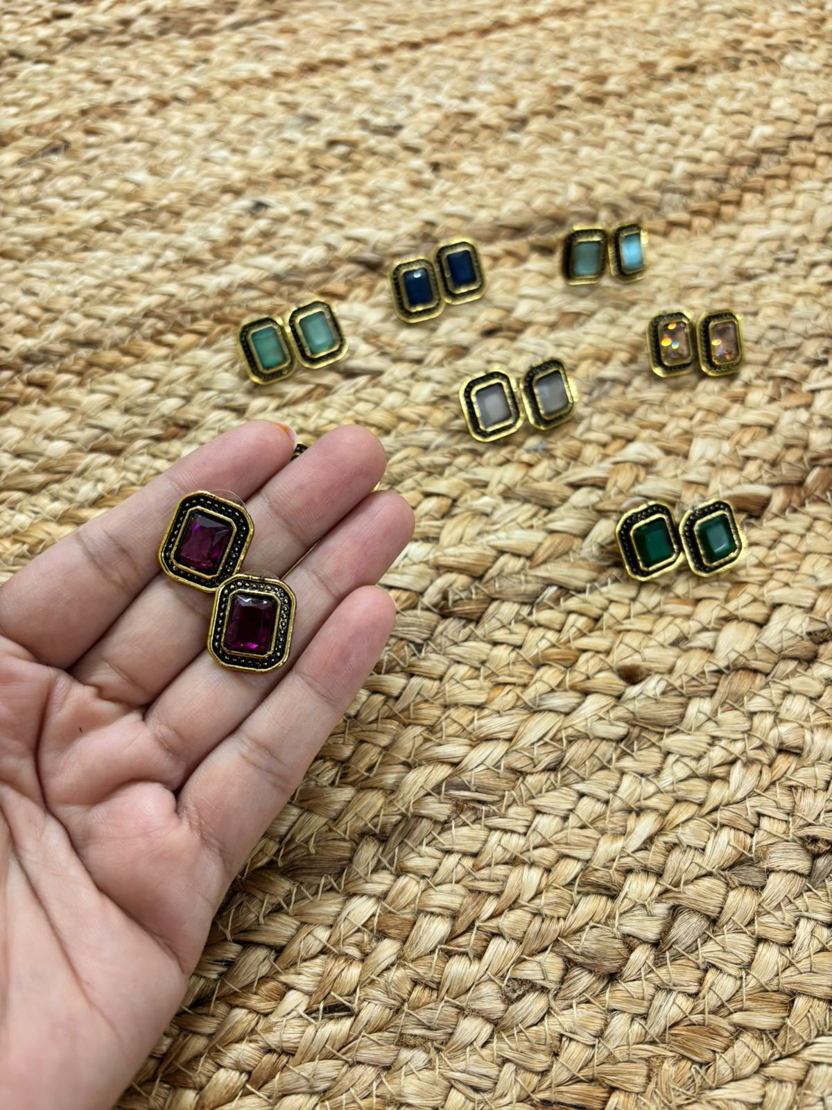 Metallic Oxidised Gold Earrings With Stone Settings - Wine