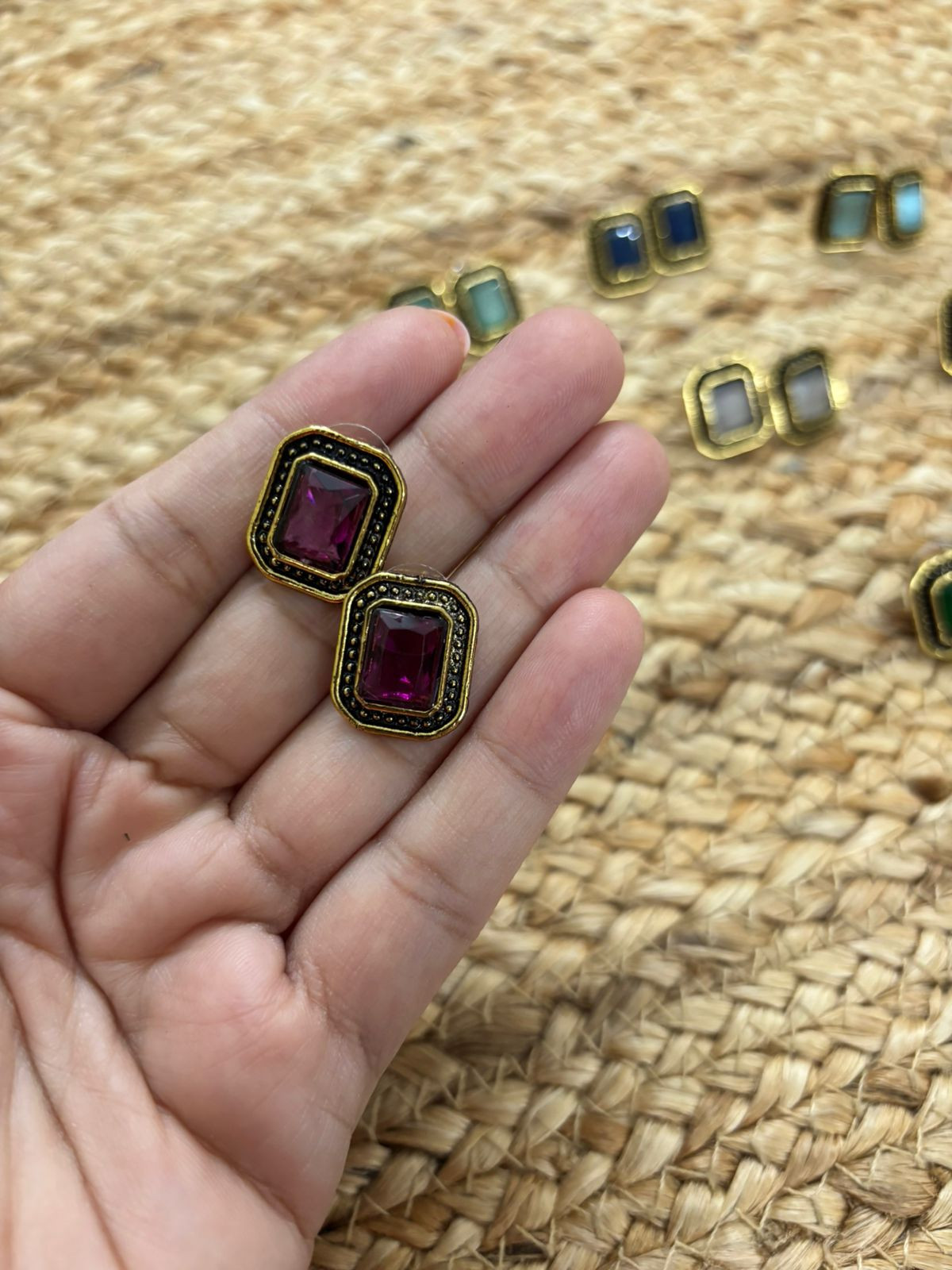 Metallic Oxidised Gold Earrings With Stone Settings - Wine