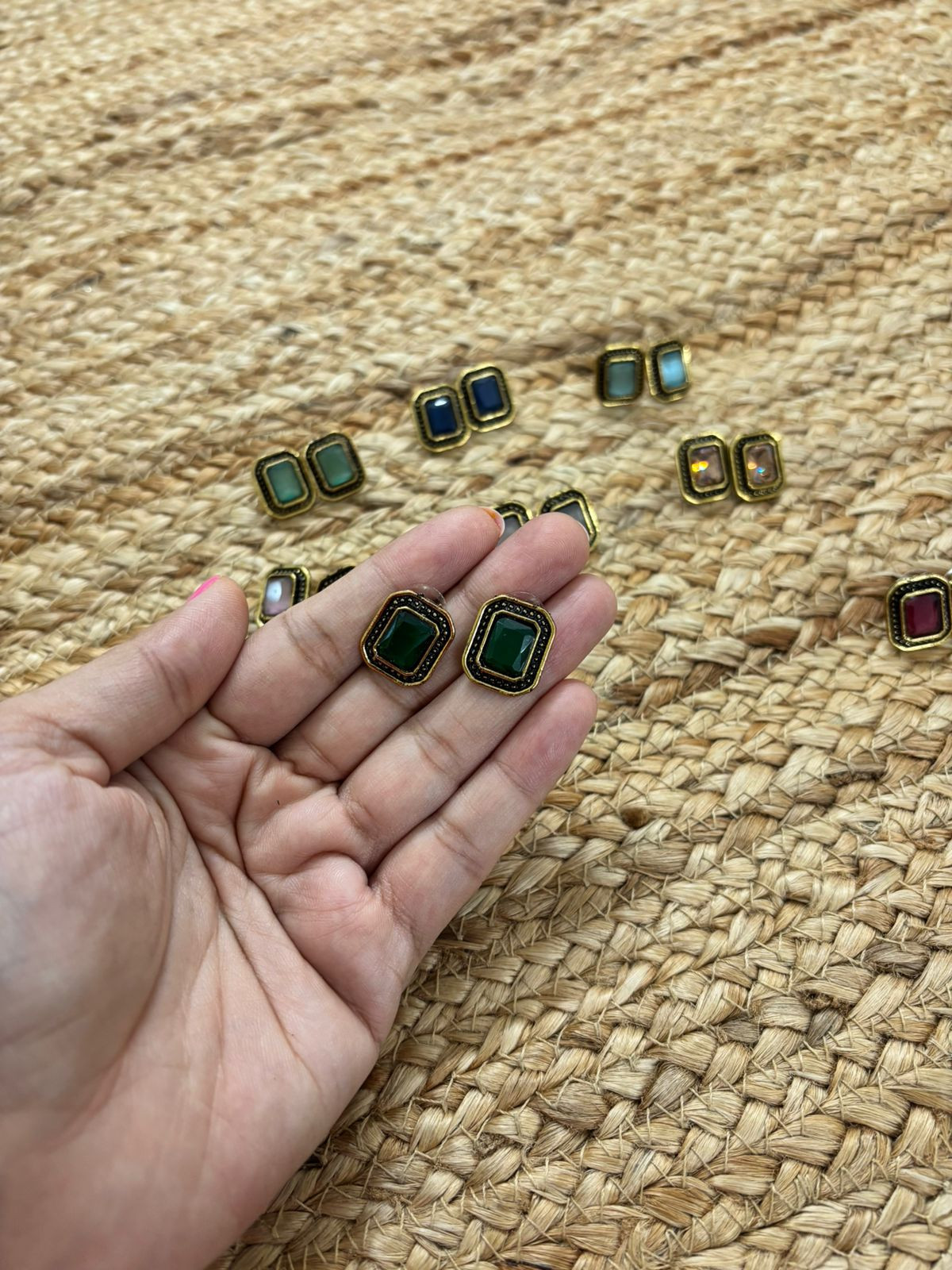 Metallic Oxidised Gold Earrings With Stone Settings - Green