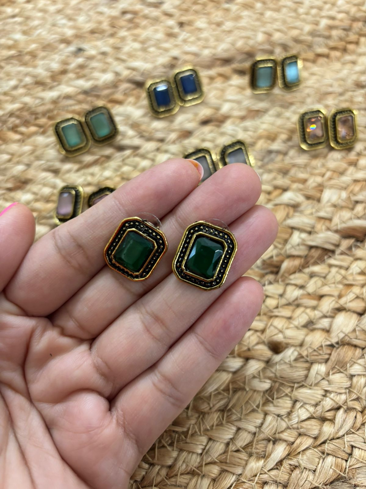 Metallic Oxidised Gold Earrings With Stone Settings - Green