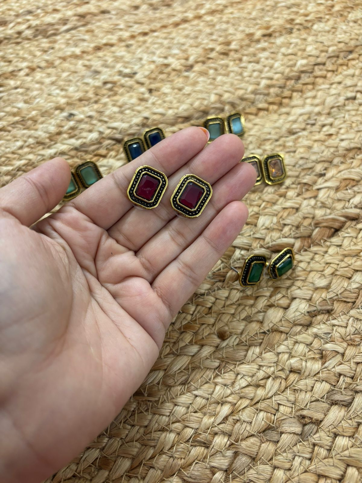 Metallic Oxidised Gold Earrings With Stone Settings - Red