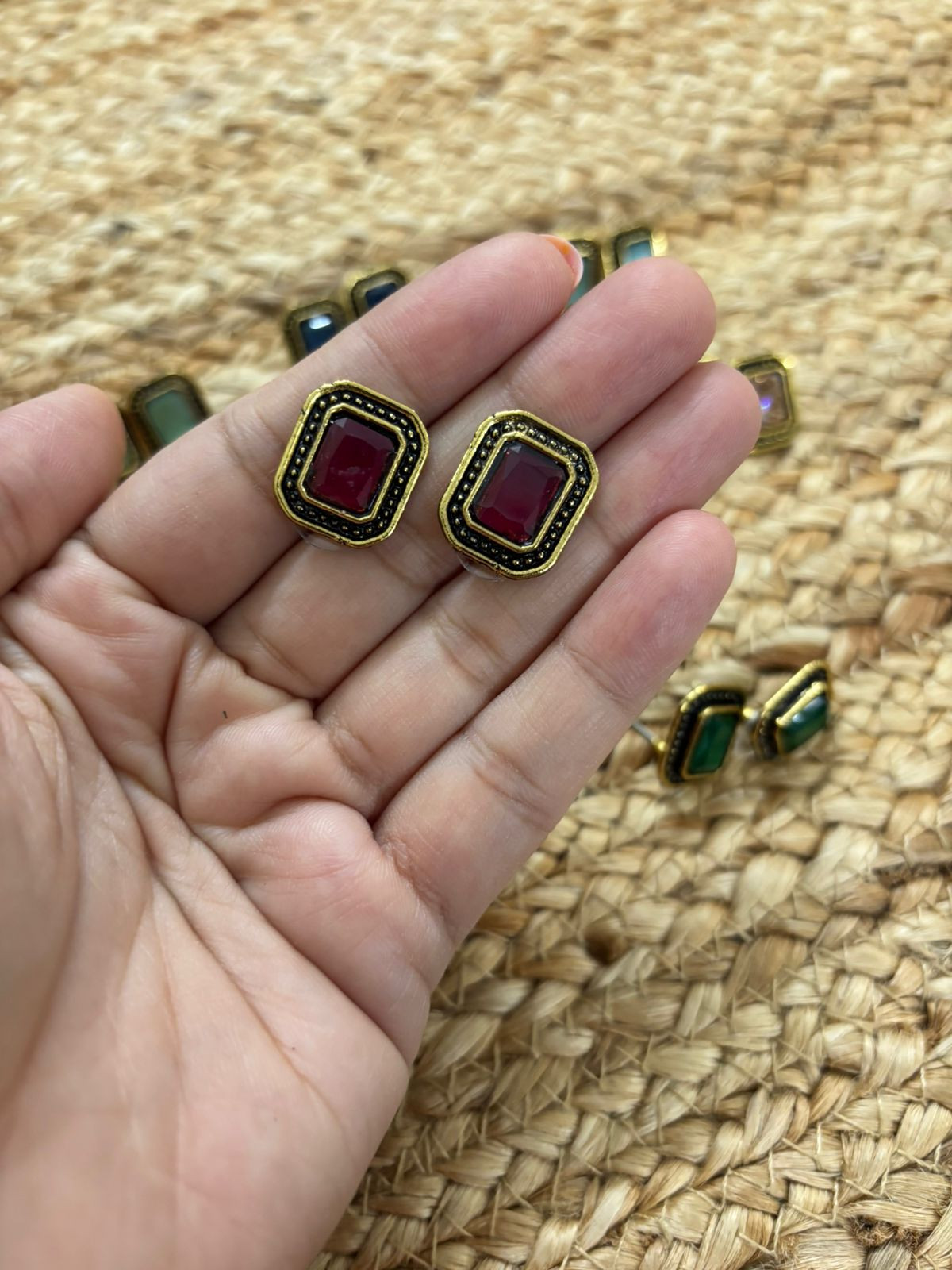 Metallic Oxidised Gold Earrings With Stone Settings - Red