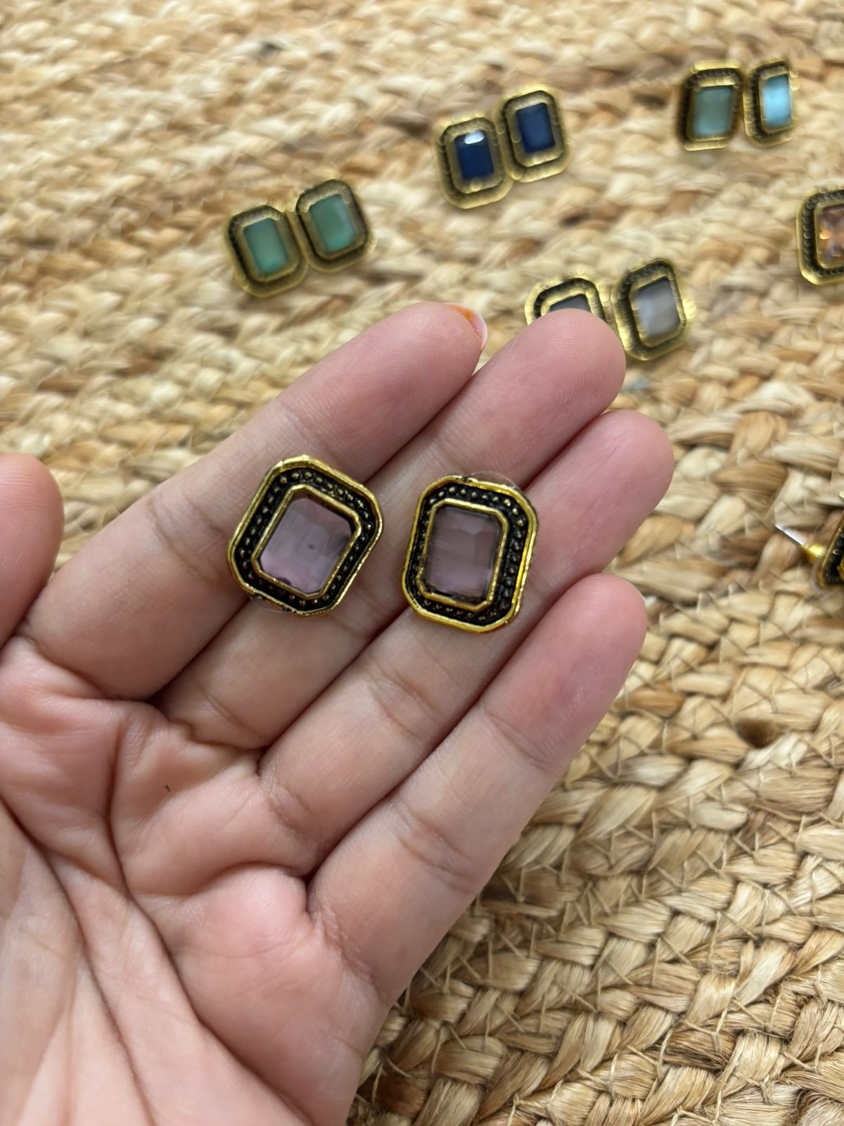 Metallic Oxidised Gold Earrings With Stone Settings - Pink