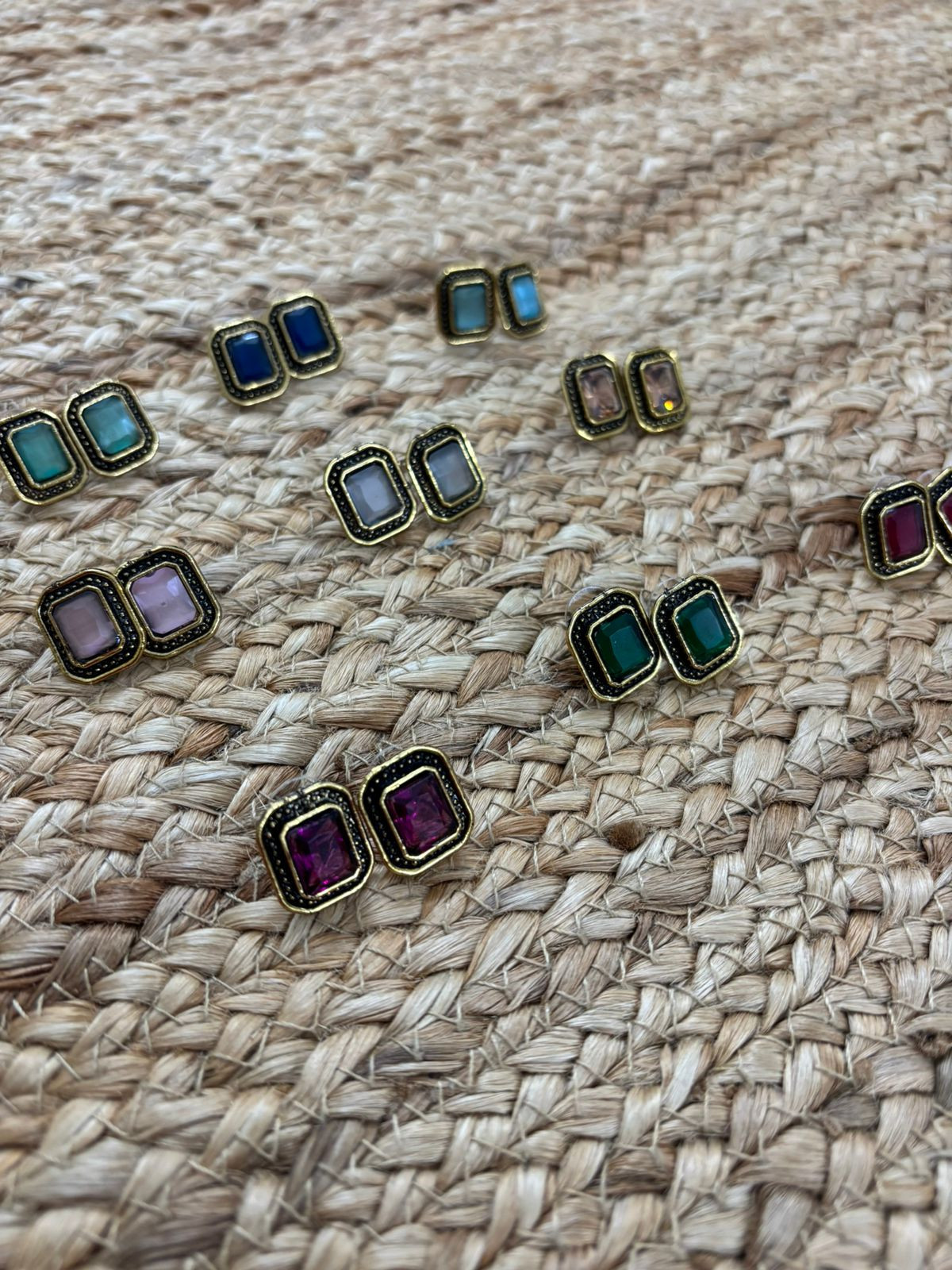 Metallic Oxidised Gold Earrings With Stone Settings - Sea Green