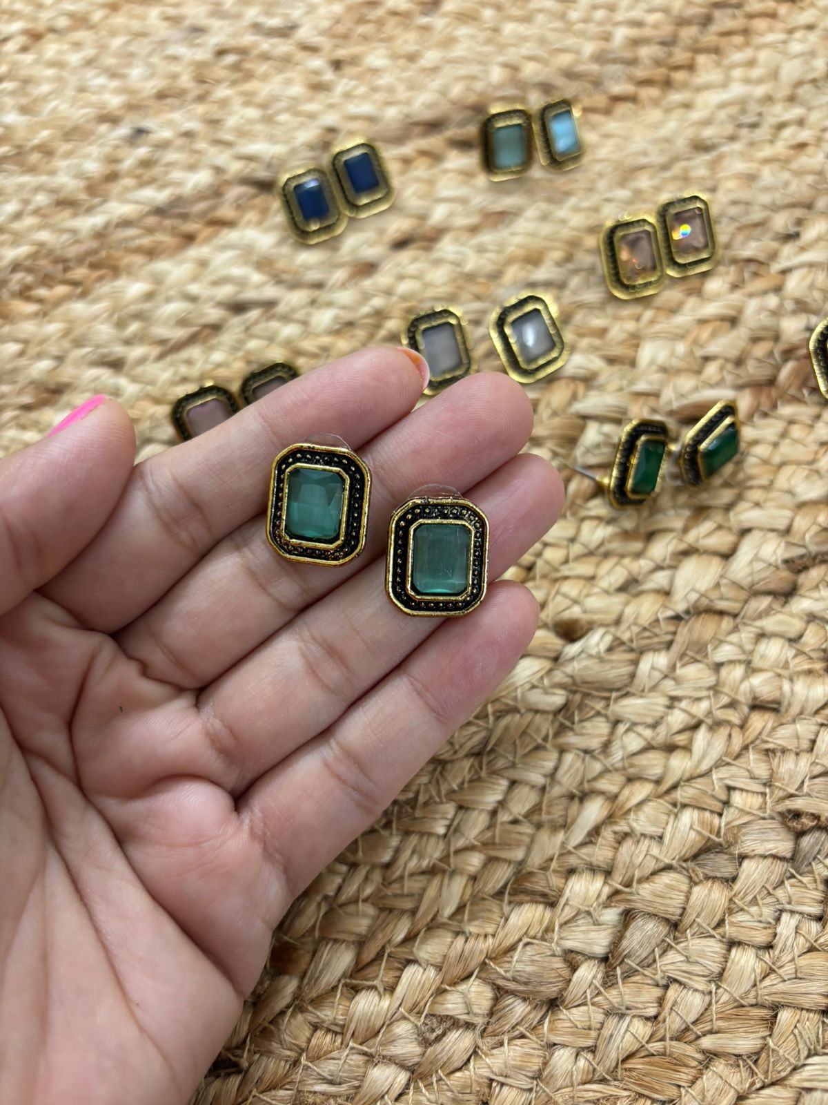 Metallic Oxidised Gold Earrings With Stone Settings - Sea Green