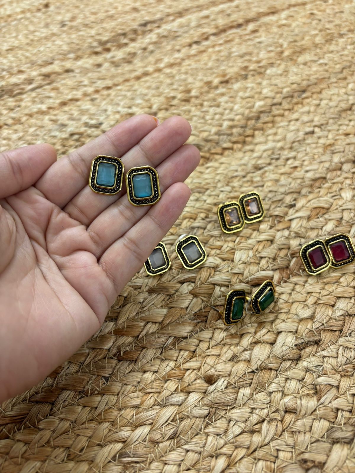 Metallic Oxidised Gold Earrings With Stone Settings - Sea Blue