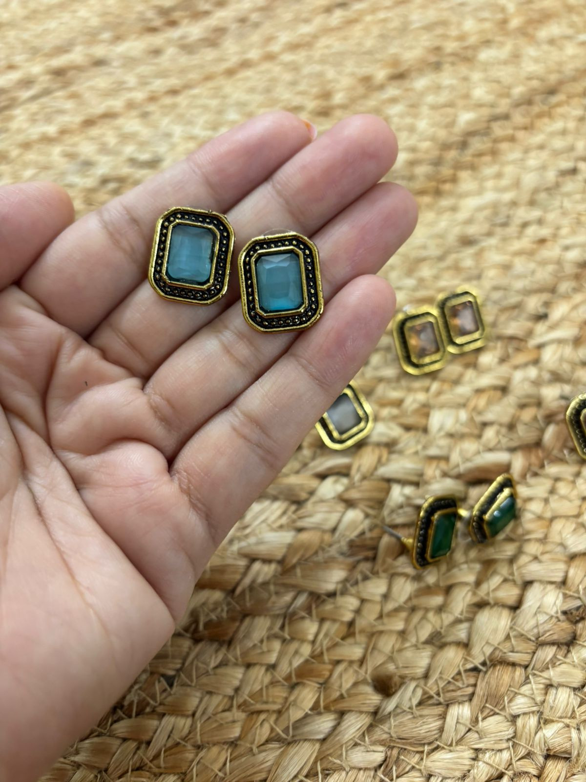 Metallic Oxidised Gold Earrings With Stone Settings - Sea Blue
