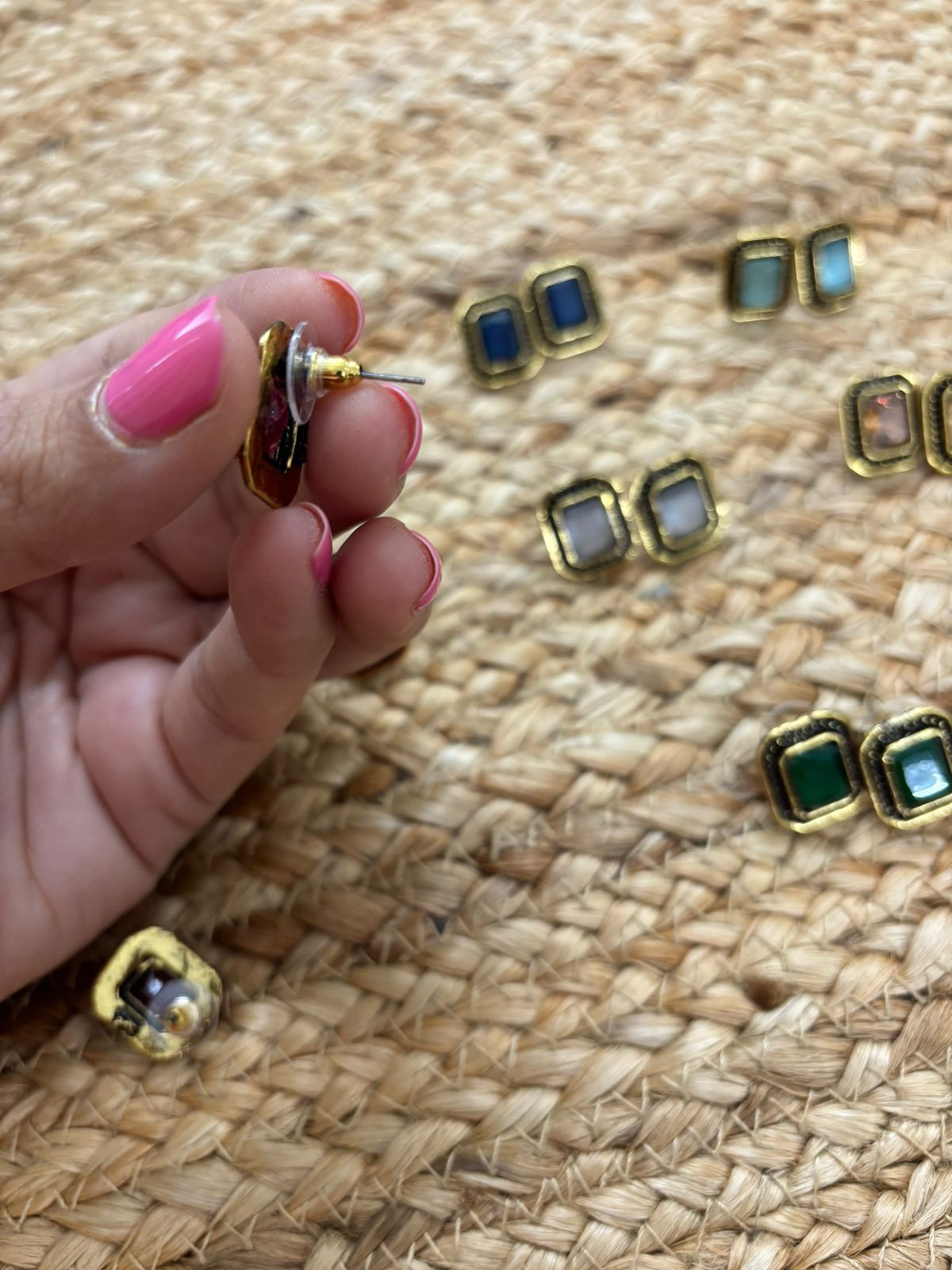 Metallic Oxidised Gold Earrings With Stone Settings - Blue