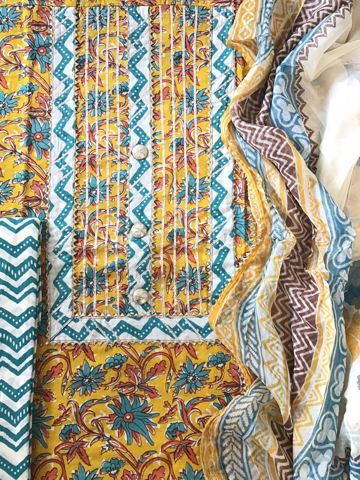 Pure Cotton Printed Embroidered Suit - Yellow