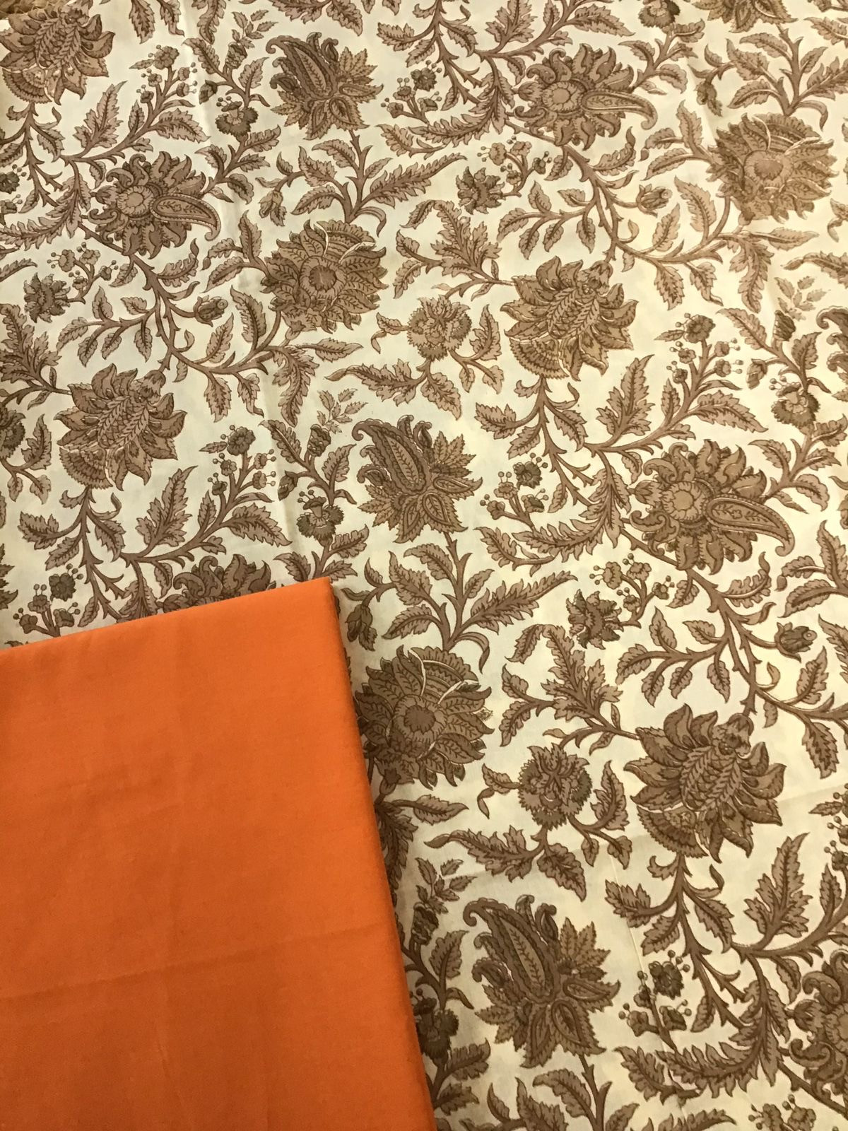 Pure Cotton Printed Embroidered Dupatta Suit - BeigeOrange