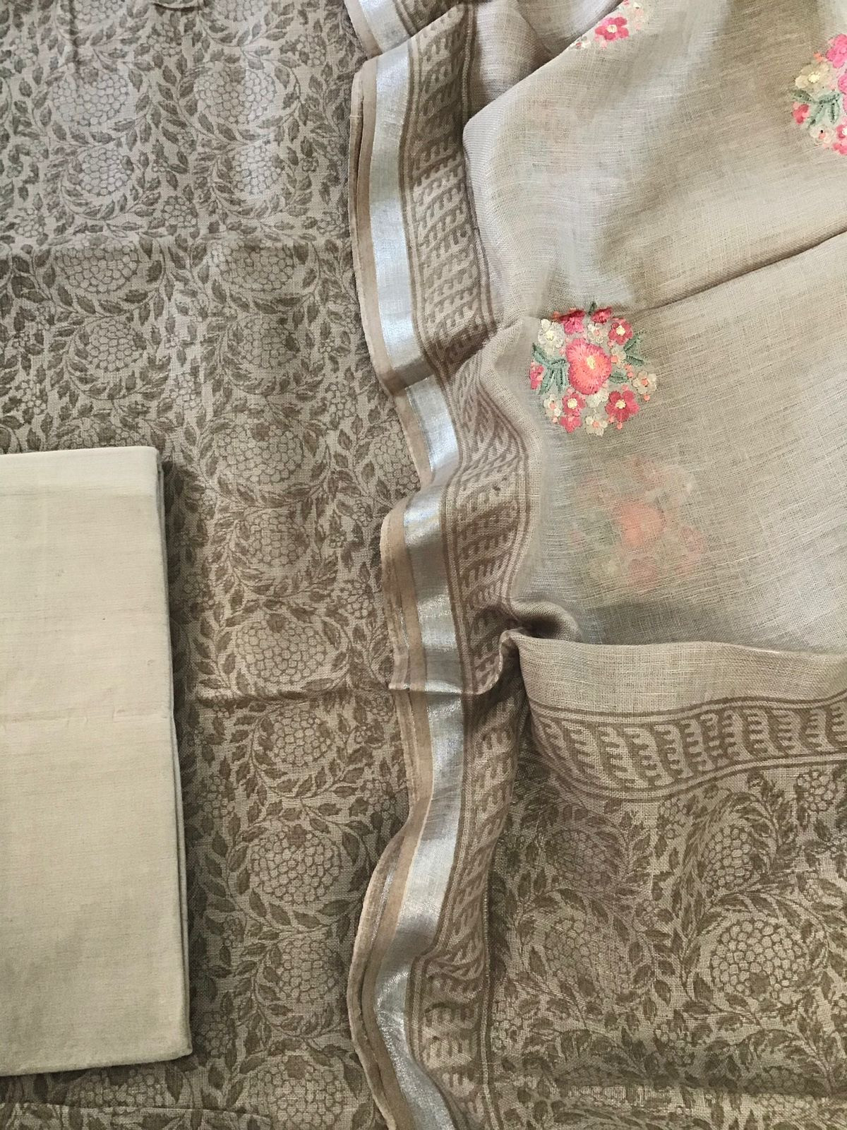 Pure Linen Jute Cotton Printed Suit - Brown