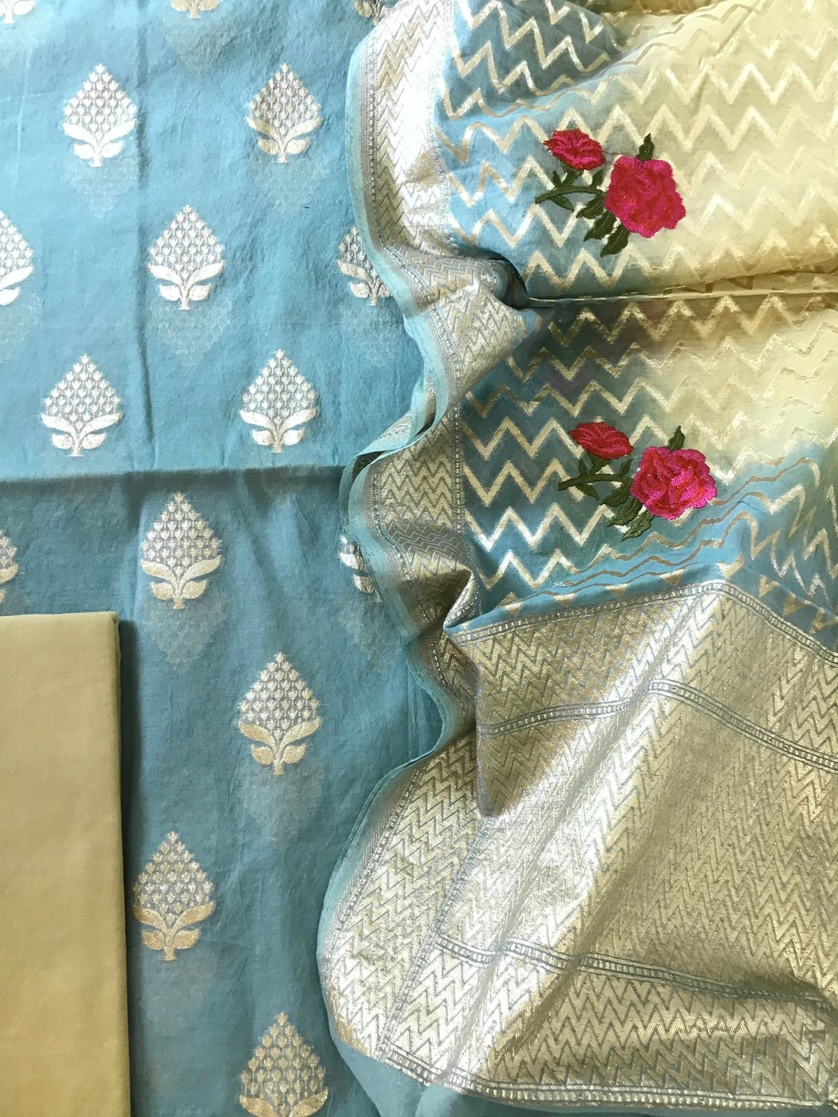 Soft Lorex Banarasi Weaved Chanderi Suit With Embroidered Dupatta - Blue