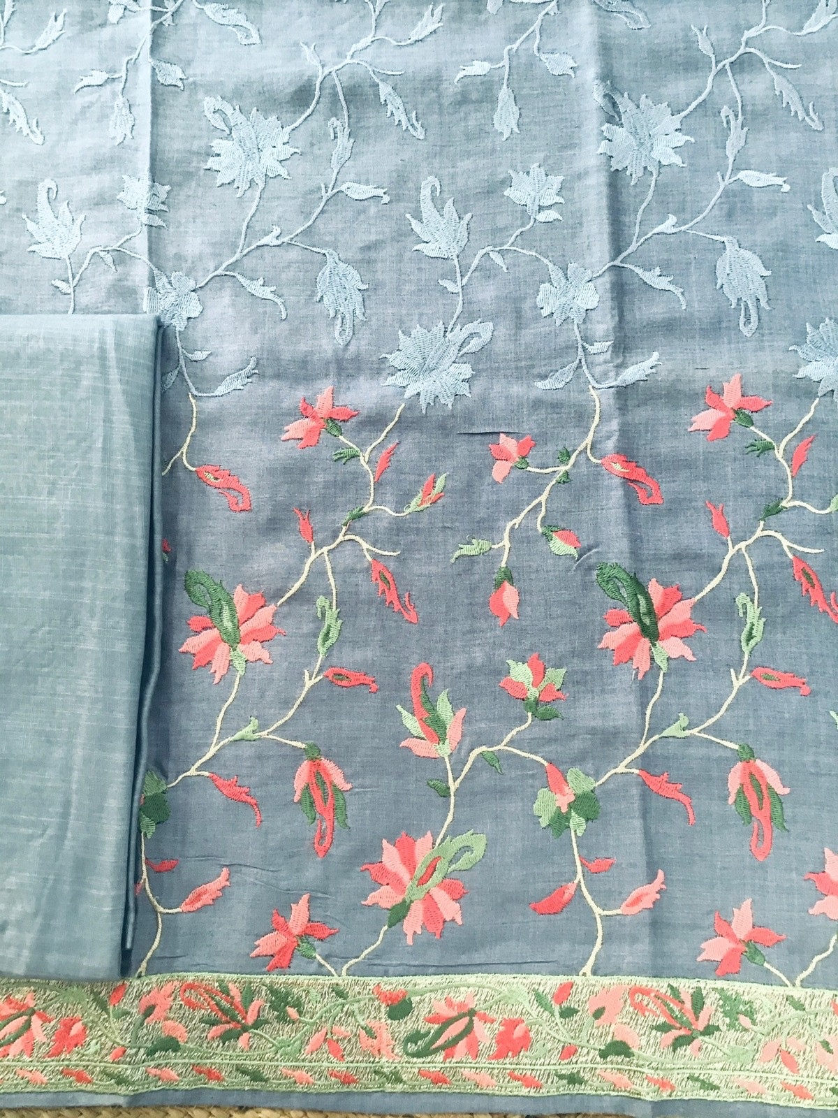 Pure Munga Silk Embroidered Suit - Grey