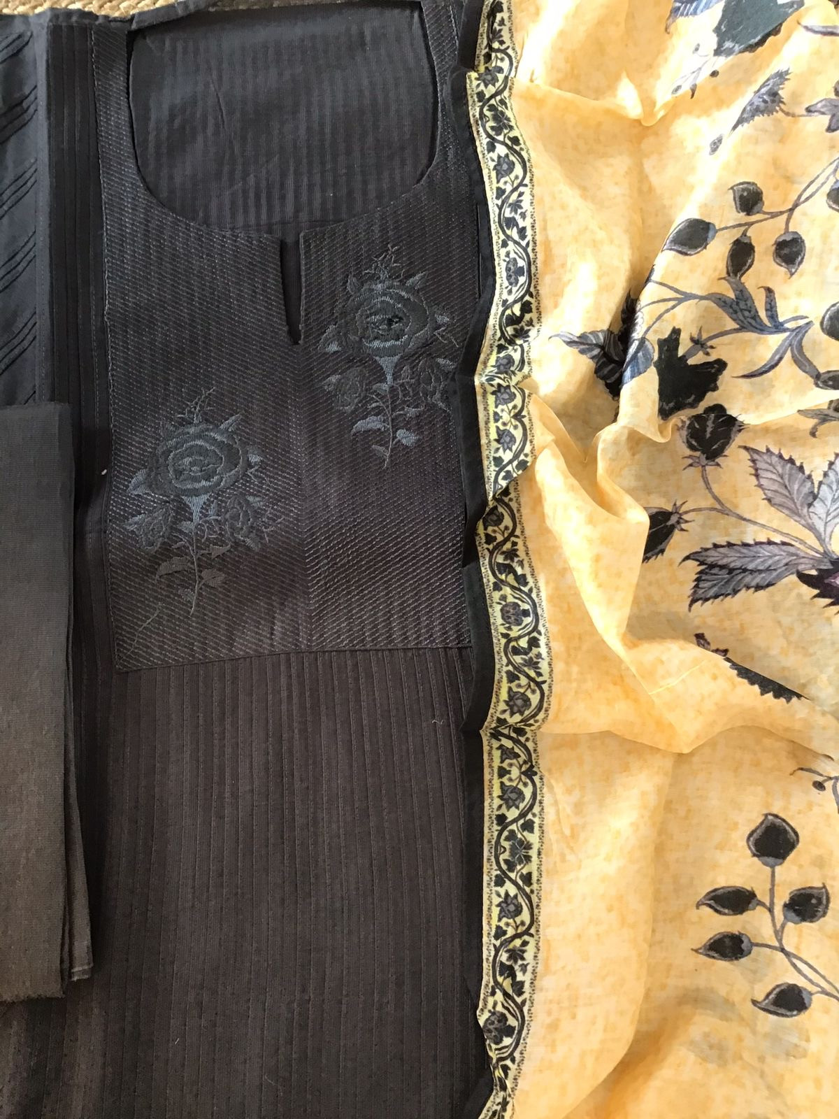 Pure Cotton Silk Embroidered Suit - Grey