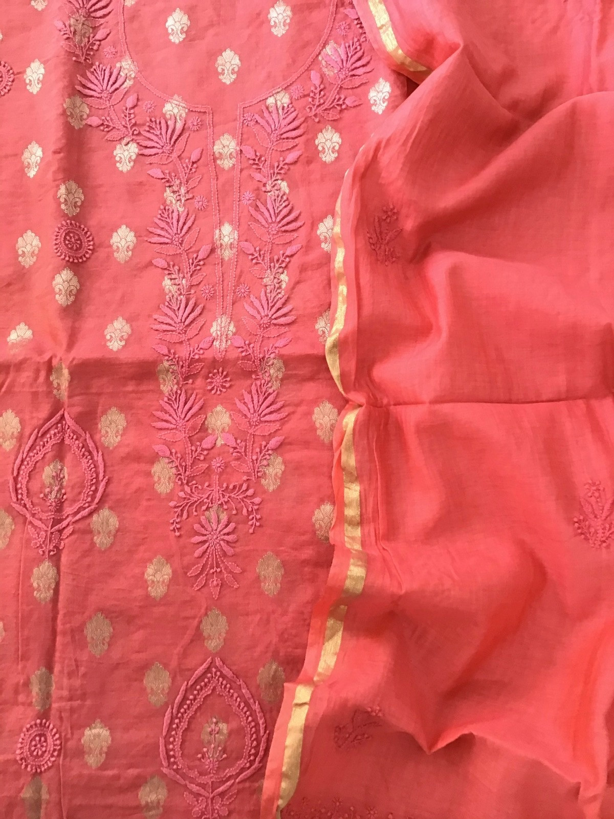 Pure Chanderi Chikankari Embroidered Suit - Peach