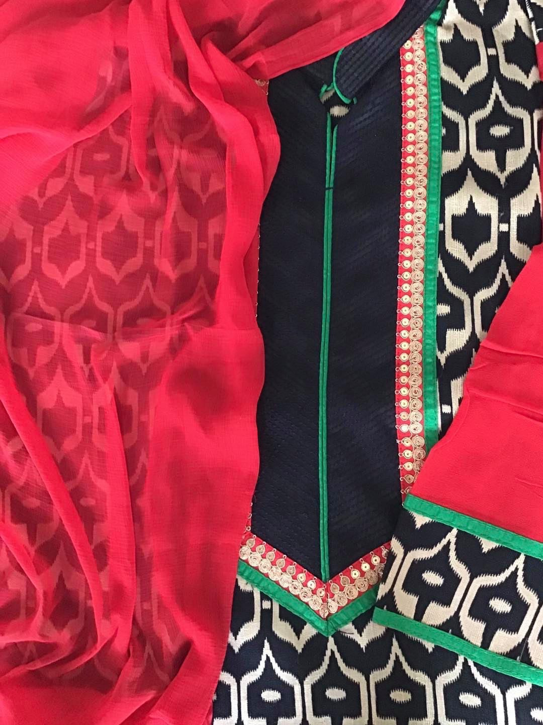 Pure Cotton Silk Printed Embroidered Suit - Black