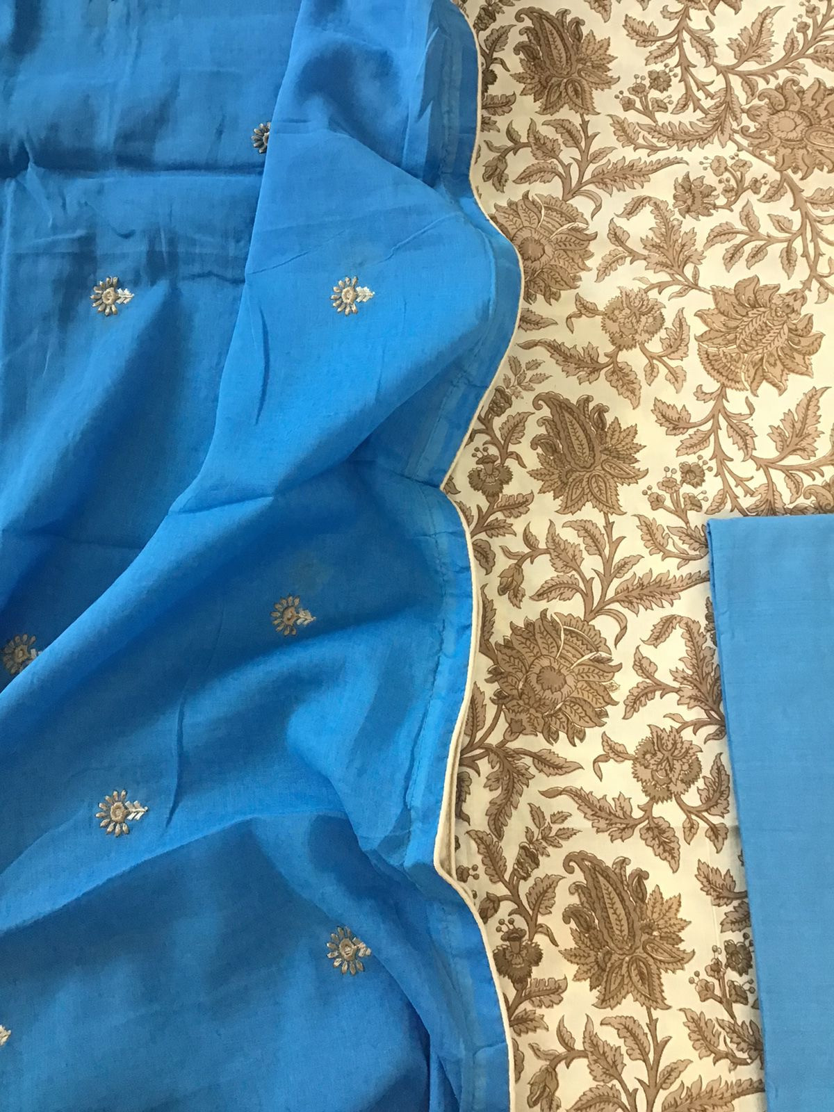 Pure Cotton Printed Embroidered Dupatta Suit - BeigeBlue