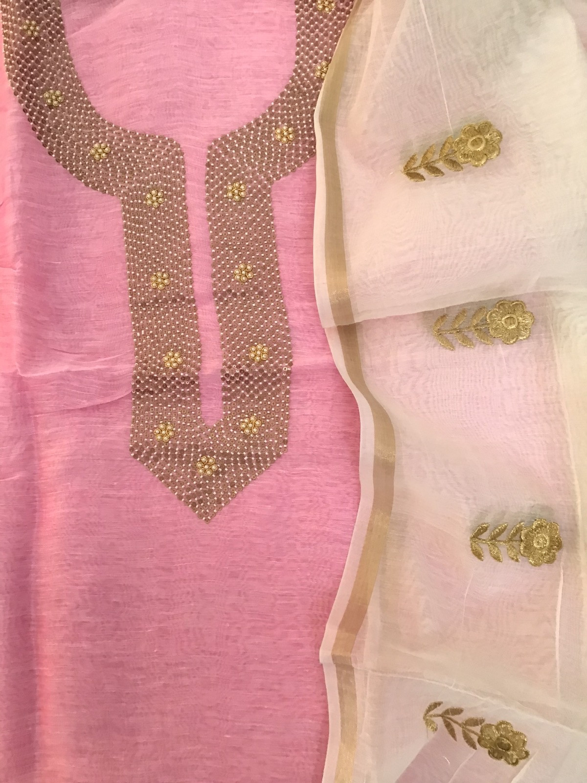 Pure Linen Chanderi Embroidered Suit - Pink
