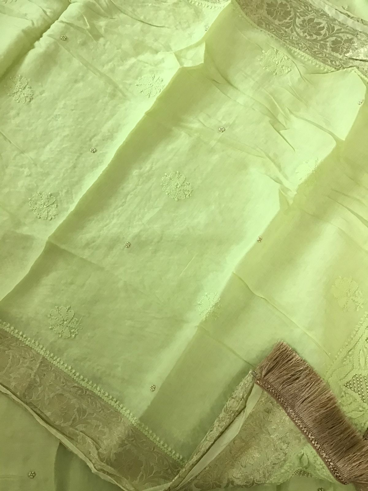 Pure Chanderi Chikankari Embroidered Suit - Lime