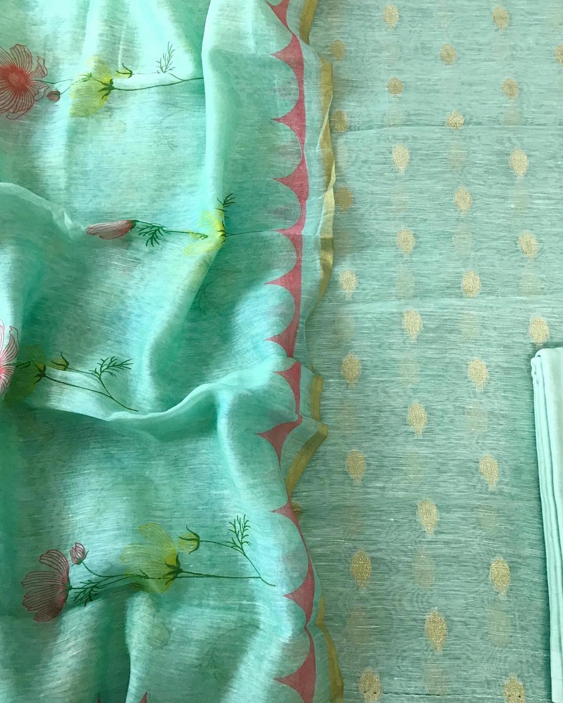 Pure Linen Chanderi Silk Banarasi Weaved Suit - Green