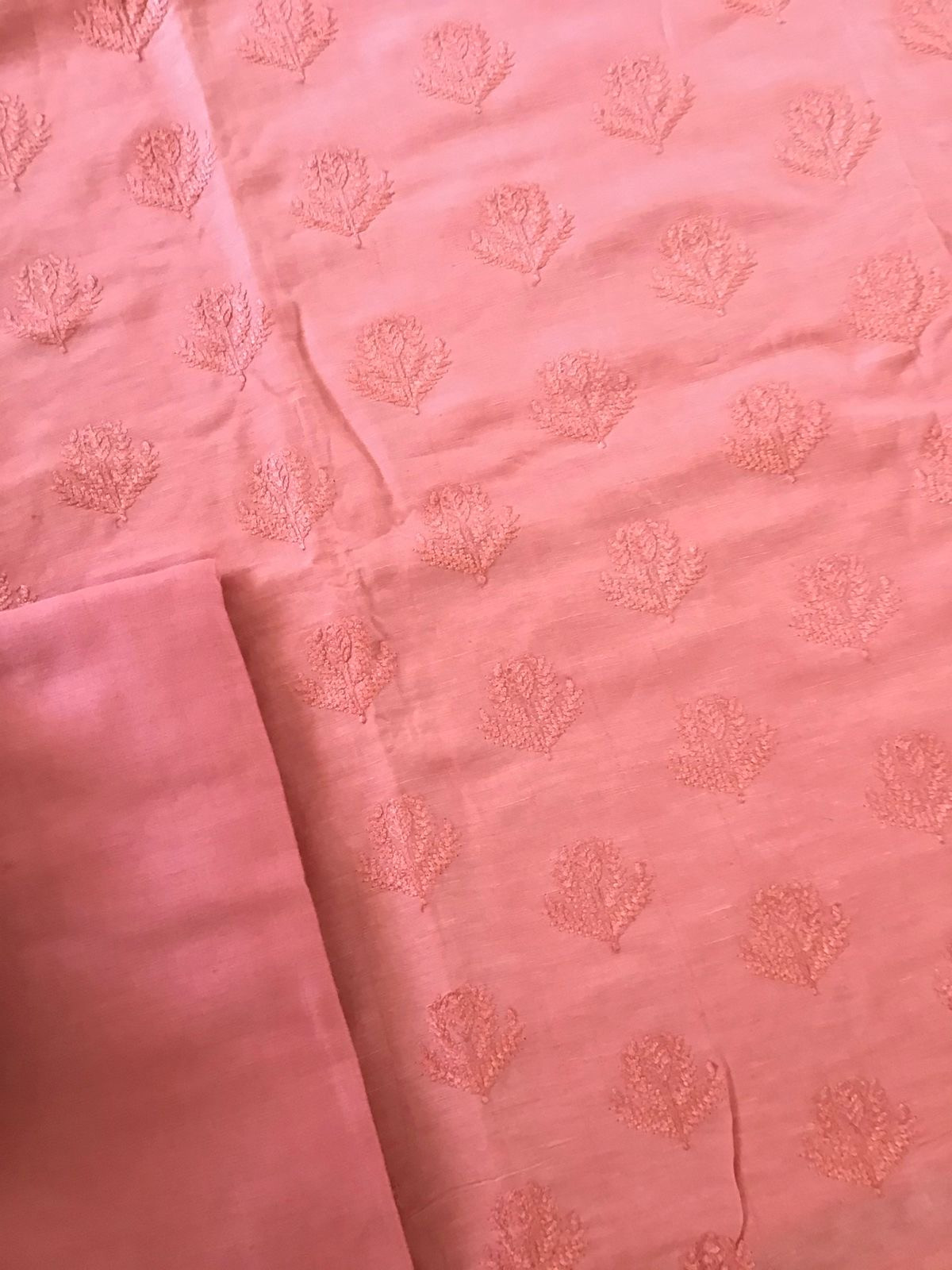 Pure Linen Chanderi Silk Embroidered Suit - Peach
