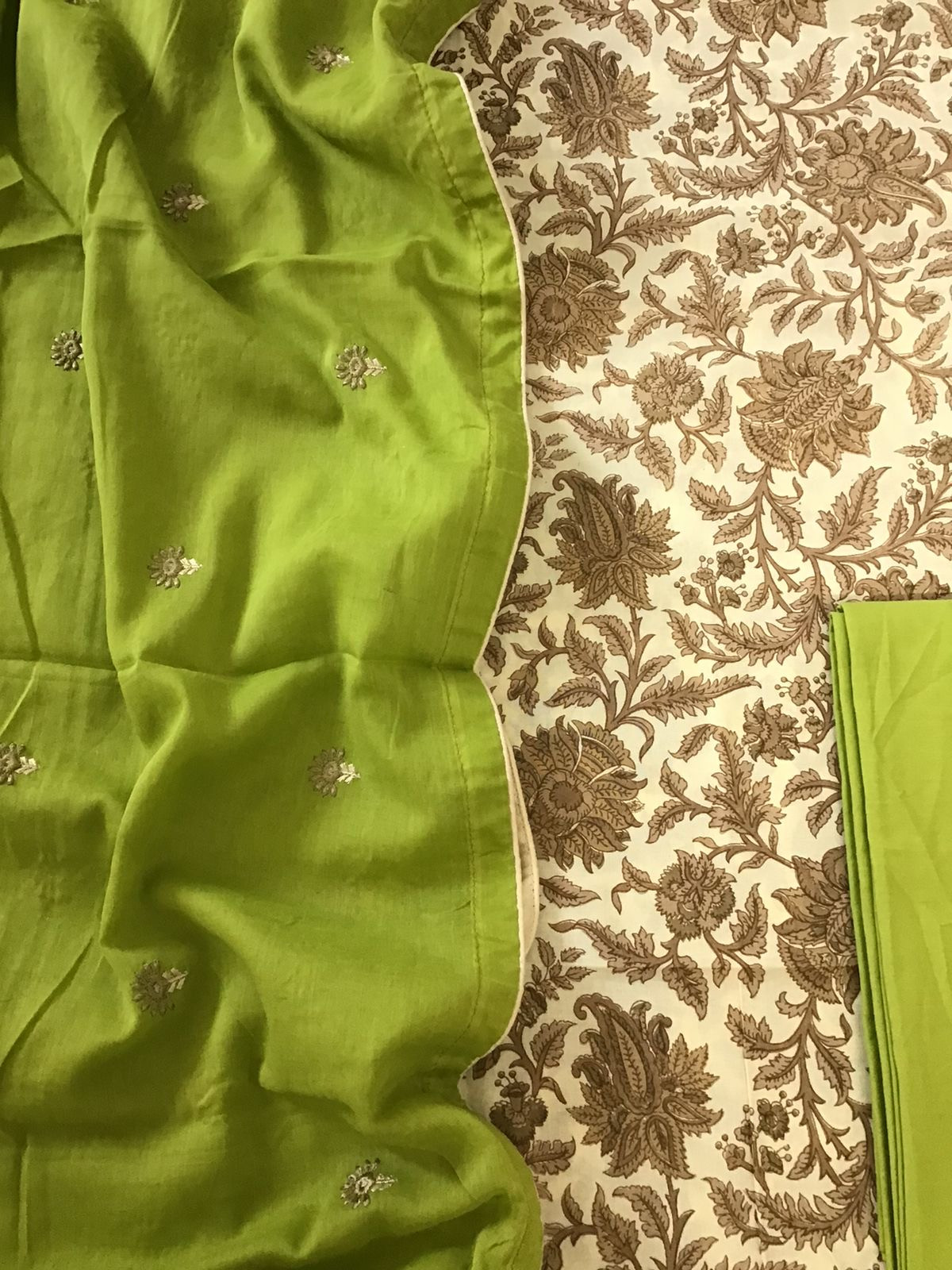Pure Cotton Printed Embroidered Dupatta Suit - BeigeGreen