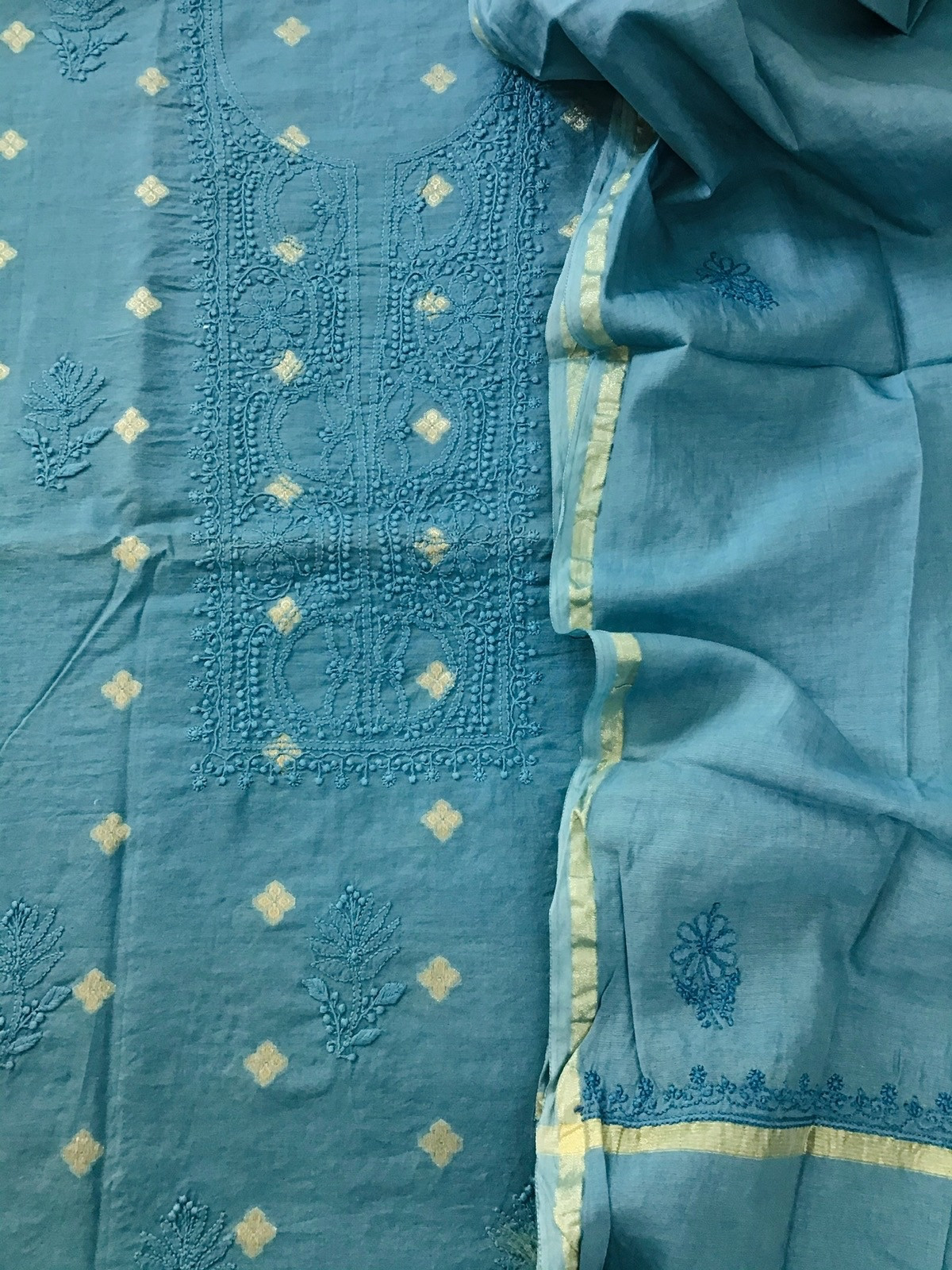 Pure Chanderi Chikankari Embroidered Suit - Blue