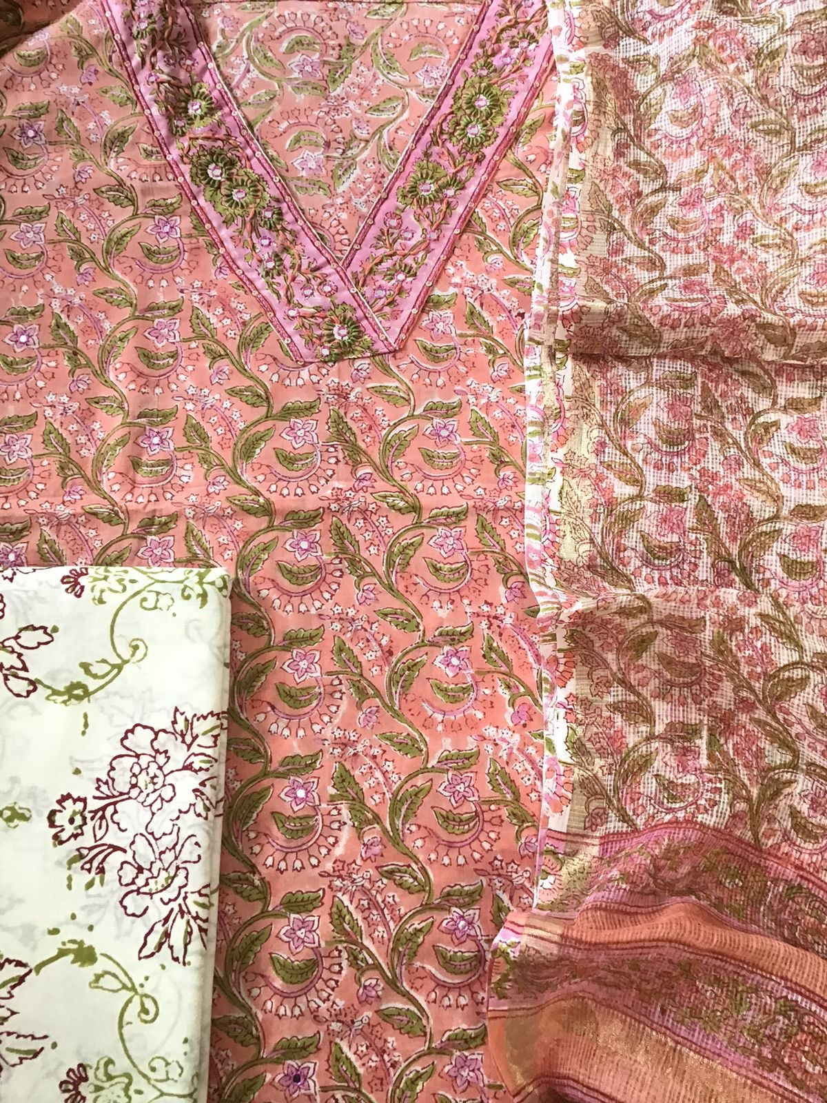 Pure Cotton Printed Embroidered Suit - Peach